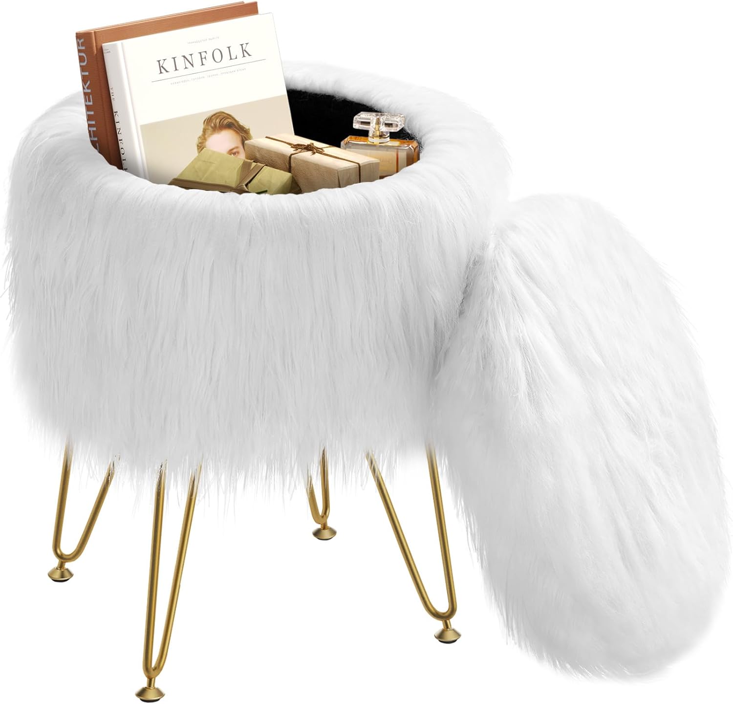 GREENSTELL Vanity Stool Chair with Storage, 13.5 W x 18 H Round Faux Fur Ottoman with 4 Metal Legs, Furry Padded Seat, Modern Multifunctional Makeup Stool for Bedroom Living Room White