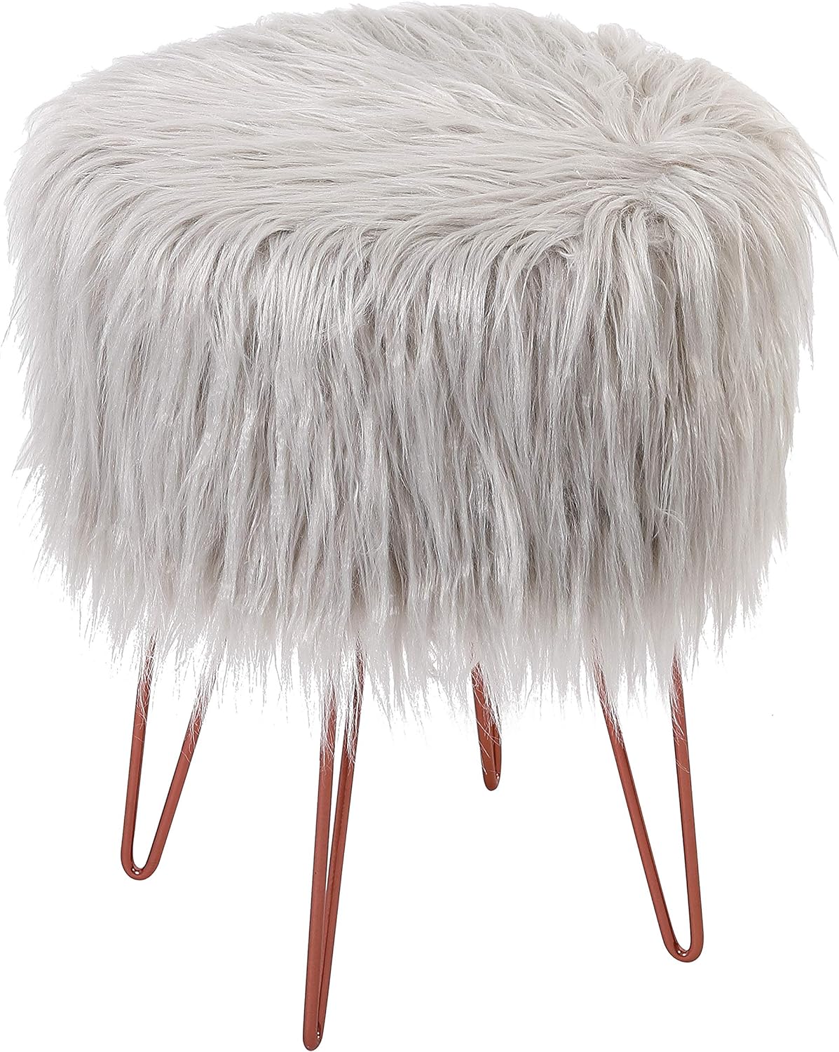 BIRDROCK HOME Silver Faux Fur Vanity Stool Chair - Soft Furry Compact Padded Seat - Vanity, Living Room, Bedroom and Kids Room Chairs - Hair Pin Metal Legs Upholstered Decorative Furniture Foot Rest