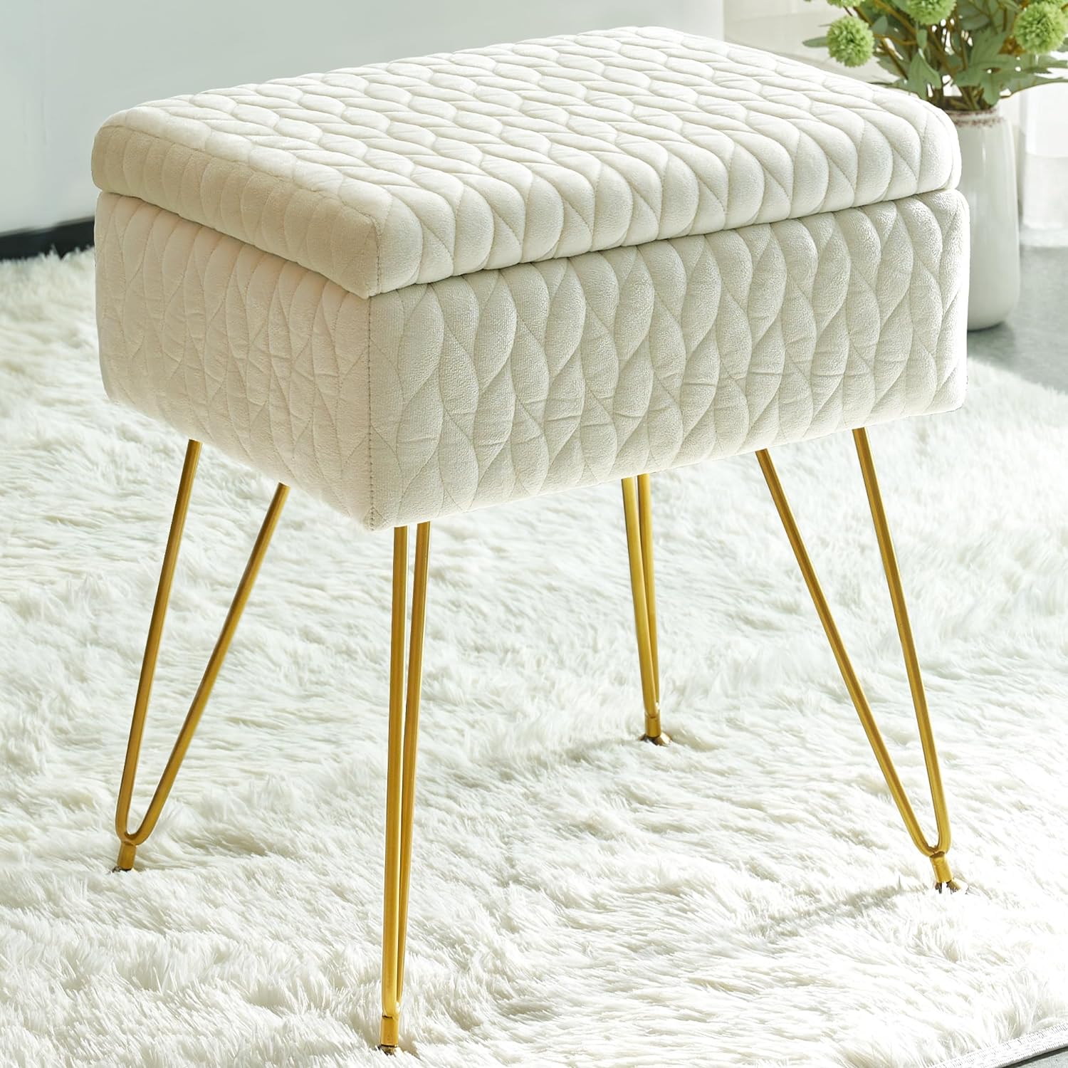 EnHomee Vanity Stool Chair with Storage 19.3H Soft Velvet Storage Ottoman with Metal Gold Leg Vanity Chair for Makeup Room with Wooden Top Cover Modern Makeup FootStool for Bedroom, Livingroom, White