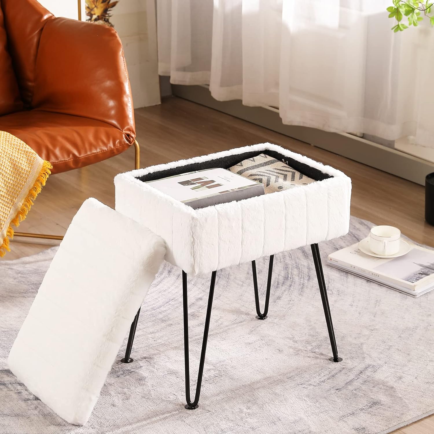 CUYOCA Vanity Stool Ottoman with Storage Bench, Faux Fur Stool for Vanity with Metal Legs, Makeup Chair Vanity Stool for Bedroom Living Room, White