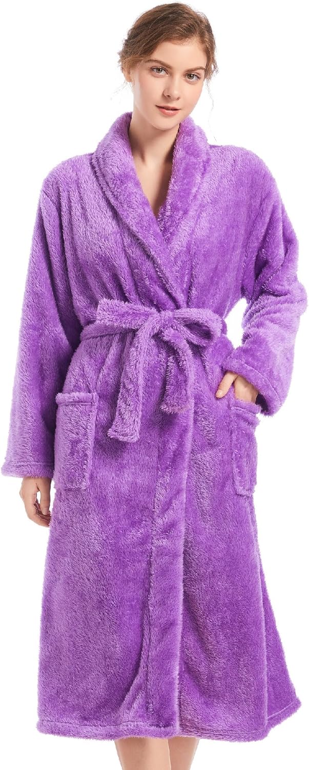 Womens Plush Fleece Robe, Cozy Warm Bathrobe Fuzzy Female Spa Robe With Pockets