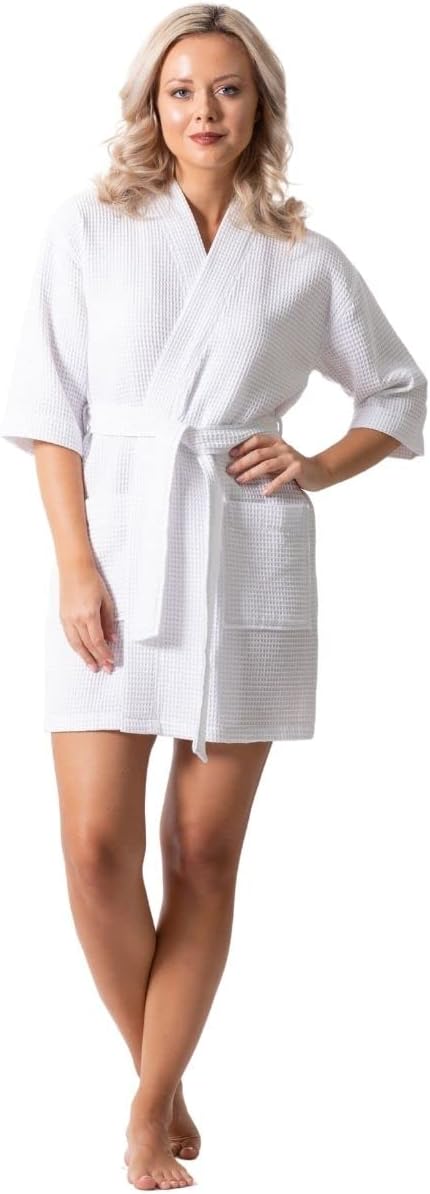 Turkish Linen Lightweight Waffle Knit Bath, Spa & Bridesmaids Kimono Short Robes for Women - Quick Dry & Soft