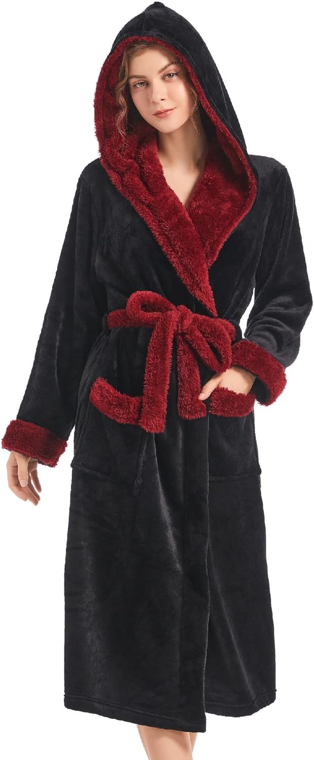 Women Hooded Plush Robe, Fleece Cozy Warm Bathrobe