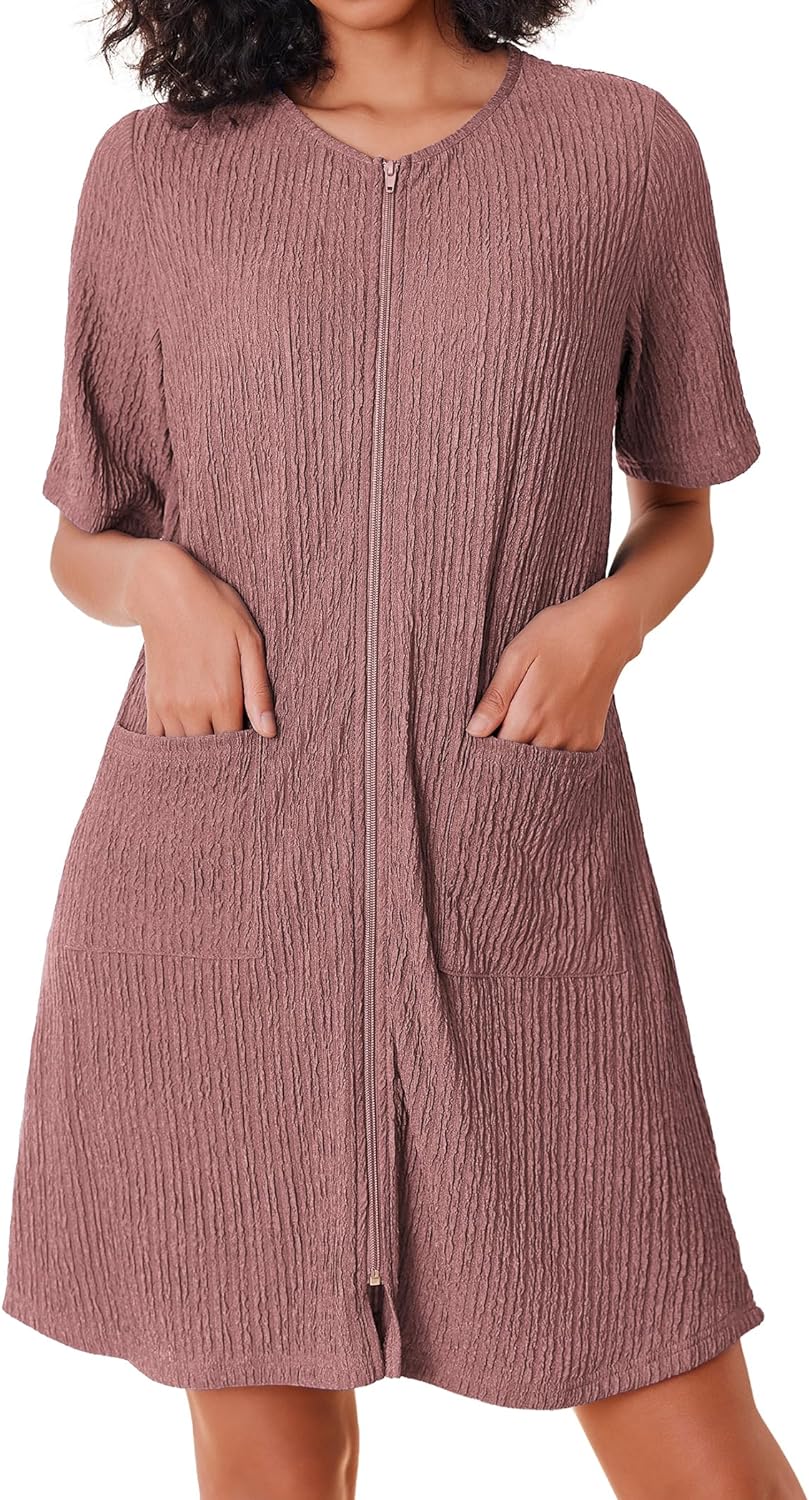 Ekouaer Women Zipper Robe Short Sleeves House Dress Knit Short Bathrobe Sleepwear with Pockets Housecoat Nightgown S-XXL