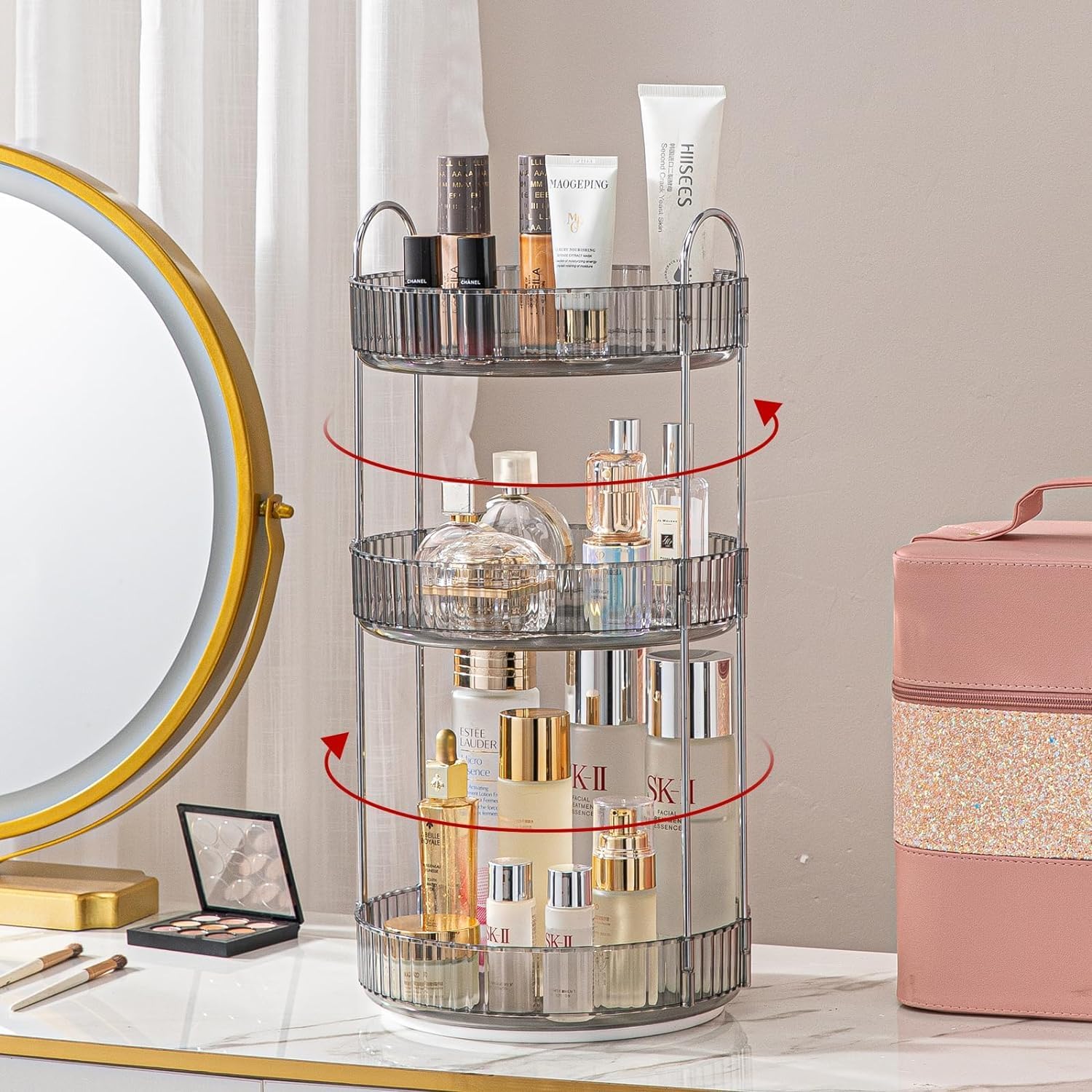 Rotating Makeup Organizer for Vanity - 360 Makeup Storage Spinning Holder Rack, Large Capacity Multi-Function Cosmetics Storage Shelf, Fits Countertop, Kitchen and Bathroom(3 Tiers, Grey)