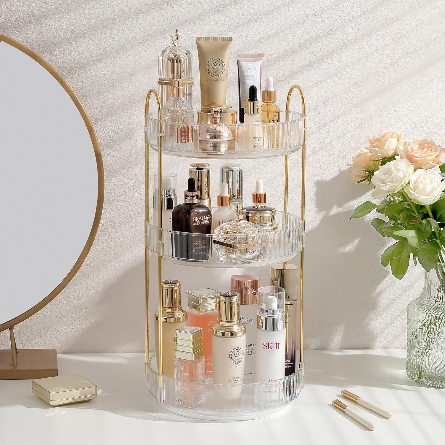 Rotating Makeup Organizer for Vanity, Large Skincare Make Up Storage Perfume Organizers for Bathroom Counter, Clear Cosmetic Lipstick Toiletry Dresser Organizer Spinning Holder (3 Tiers, White)