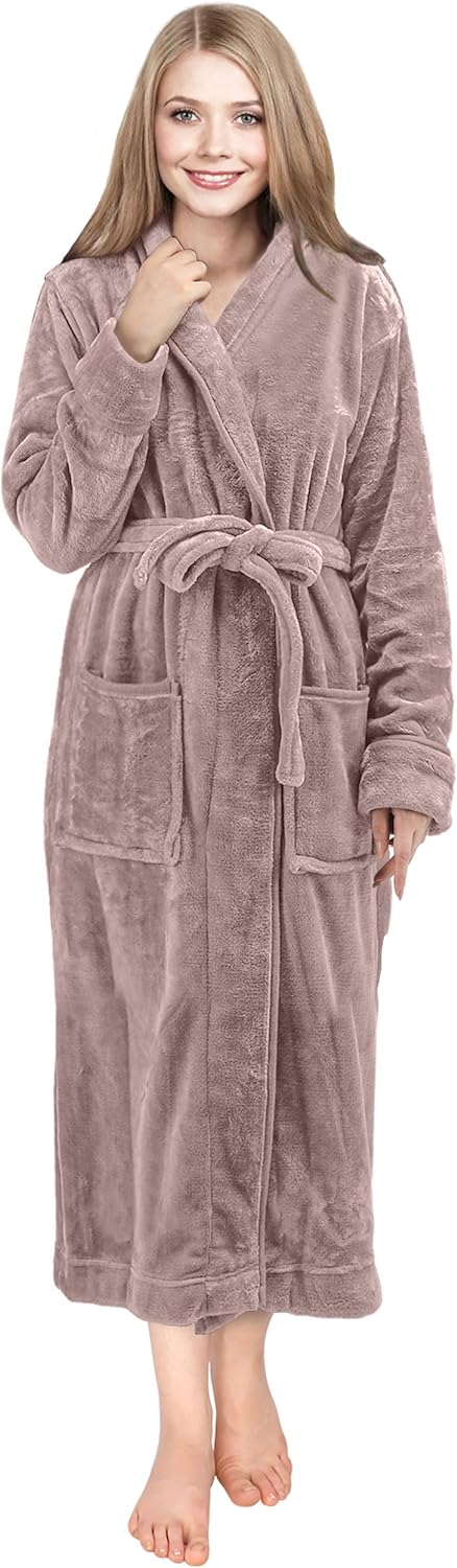 NY Threads Women Fleece Shawl Collar Bathrobe - Plush Long Robe