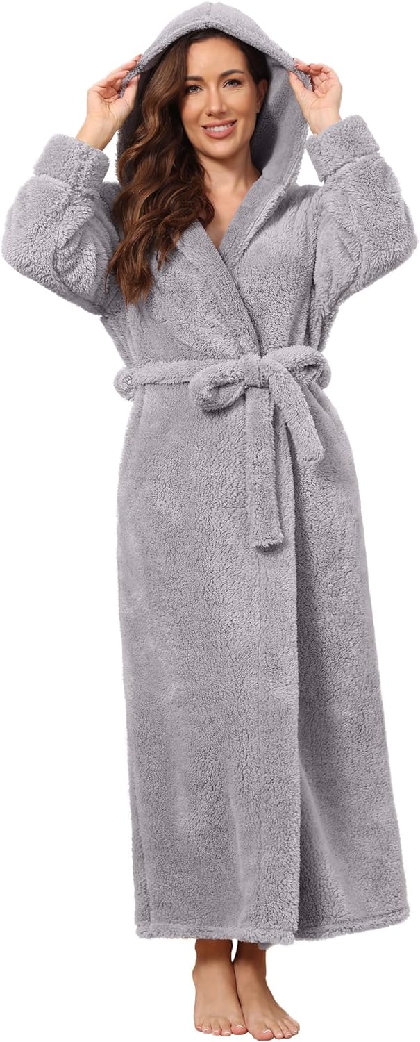 Hellomamma Long Hooded Robe for Women Luxurious Flannel Fleece Full Length Bathrobe Winter Warm Pajamas Shower Nightgown