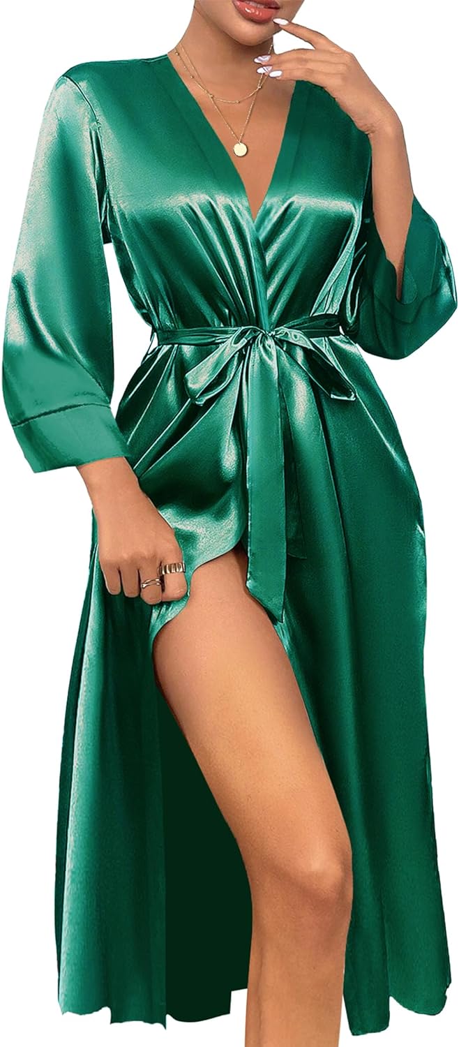 Ekouaer Silk Robes for Women Long Satin Bride Bridesmaid Wedding Party Robes Lightweight Sexy Sleepwear with Pockets