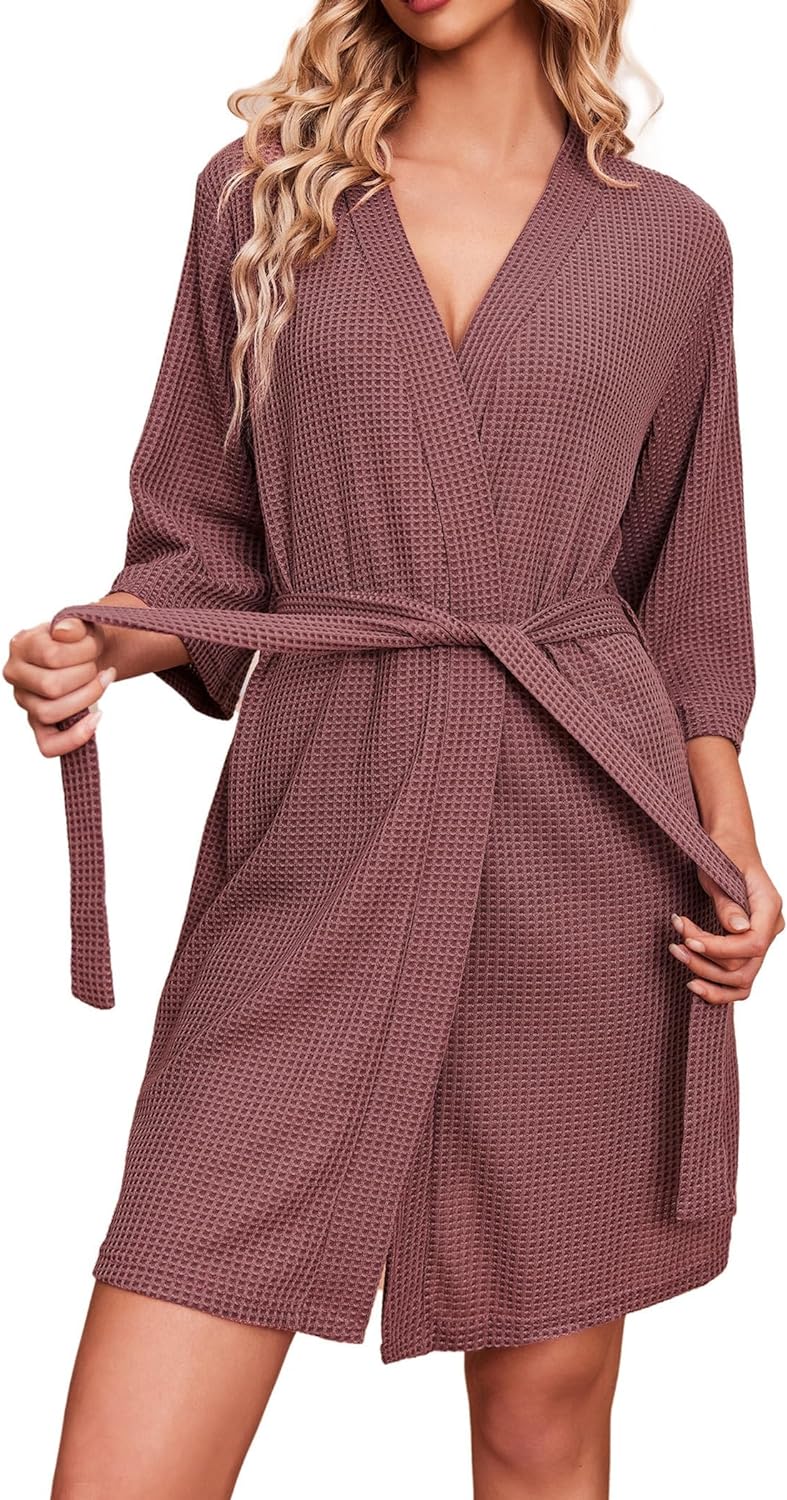 Ekouaer Robes for Women Waffle Knit Bathrobe Soft Lightweight Knee Length Loungewear S-XXL