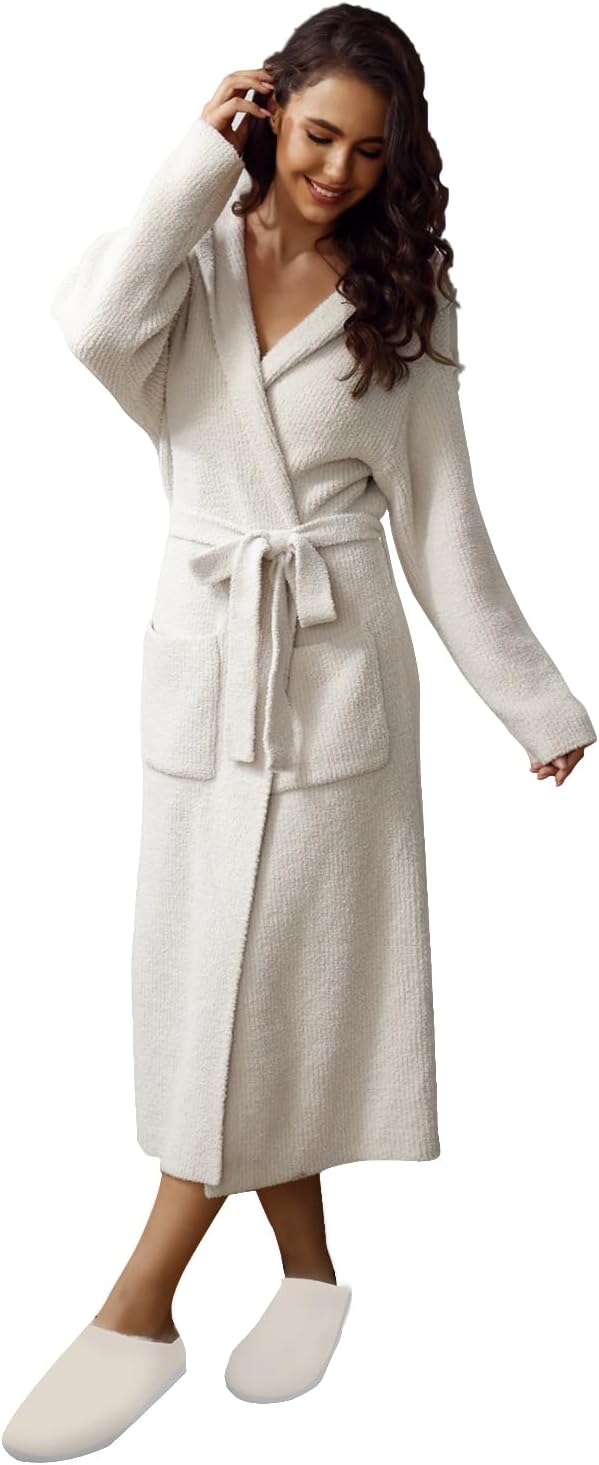 MH MYLUNE HOME Ribbed Hooded Robe with Pockets,Soft Spa Bathrobe Loungewear Calf-LengthPlush Robe for Women Fuzzy, Wrap Robe