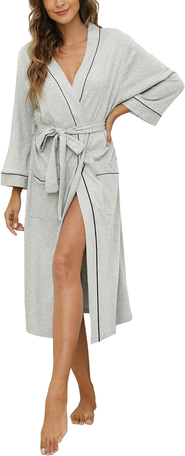 HEARTNICE Womens Cotton Robe, Soft Kimono Spa Knit Long Bathrobe Lightweight Loungewear