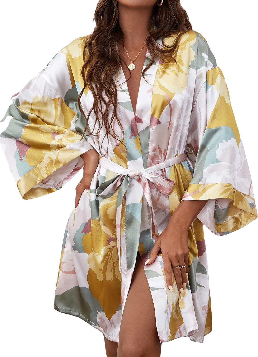 WDIRARA Women' Floral Print Long Sleeve Satin Long Robe Bridesmaid Wedding Party Robe