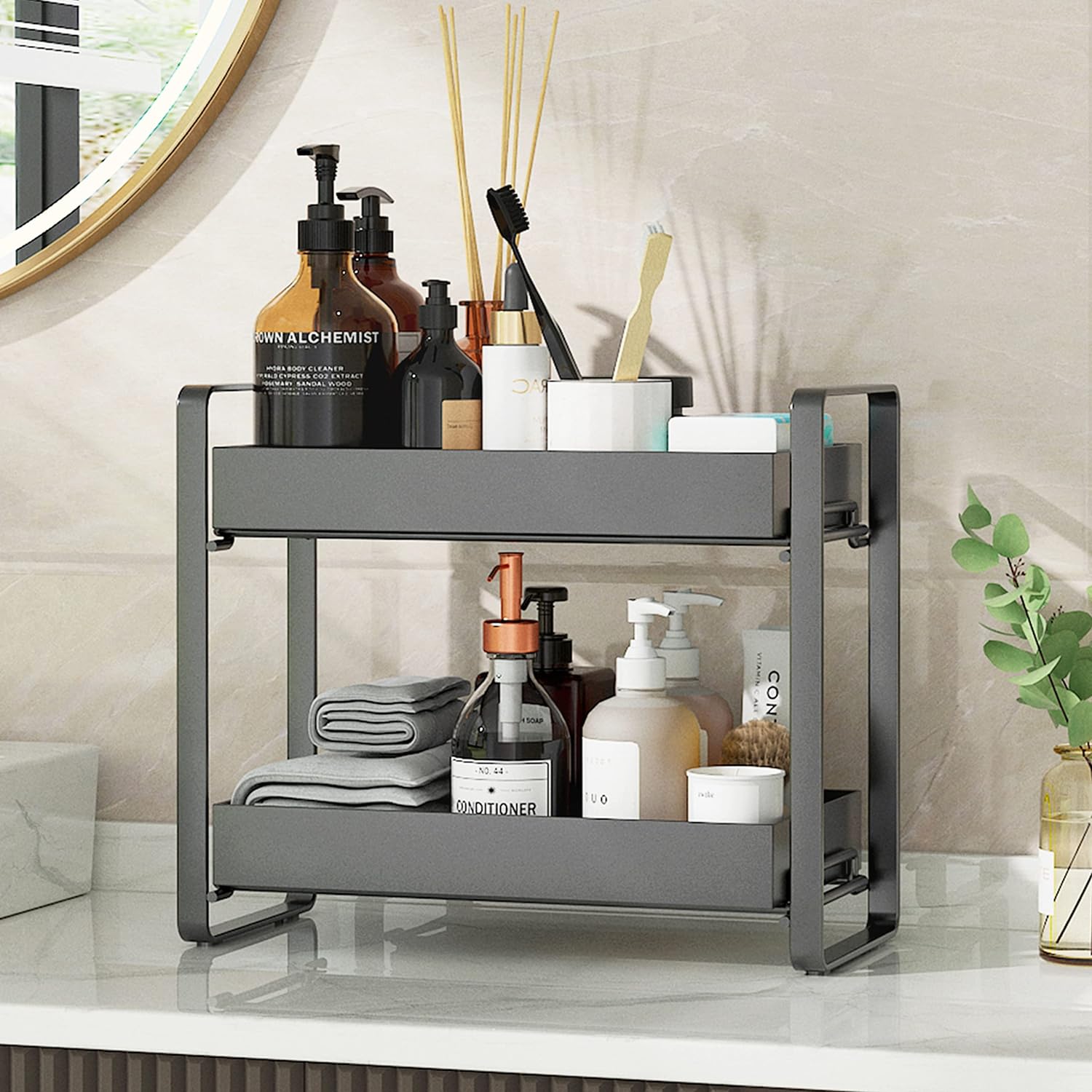 2 Tier Bathroom Counter Organizer, Makeup and Cosmetic Organizer Rack, Bathroom Vanity Storage Tray, Counter Standing Holder Shelf, Black Medium