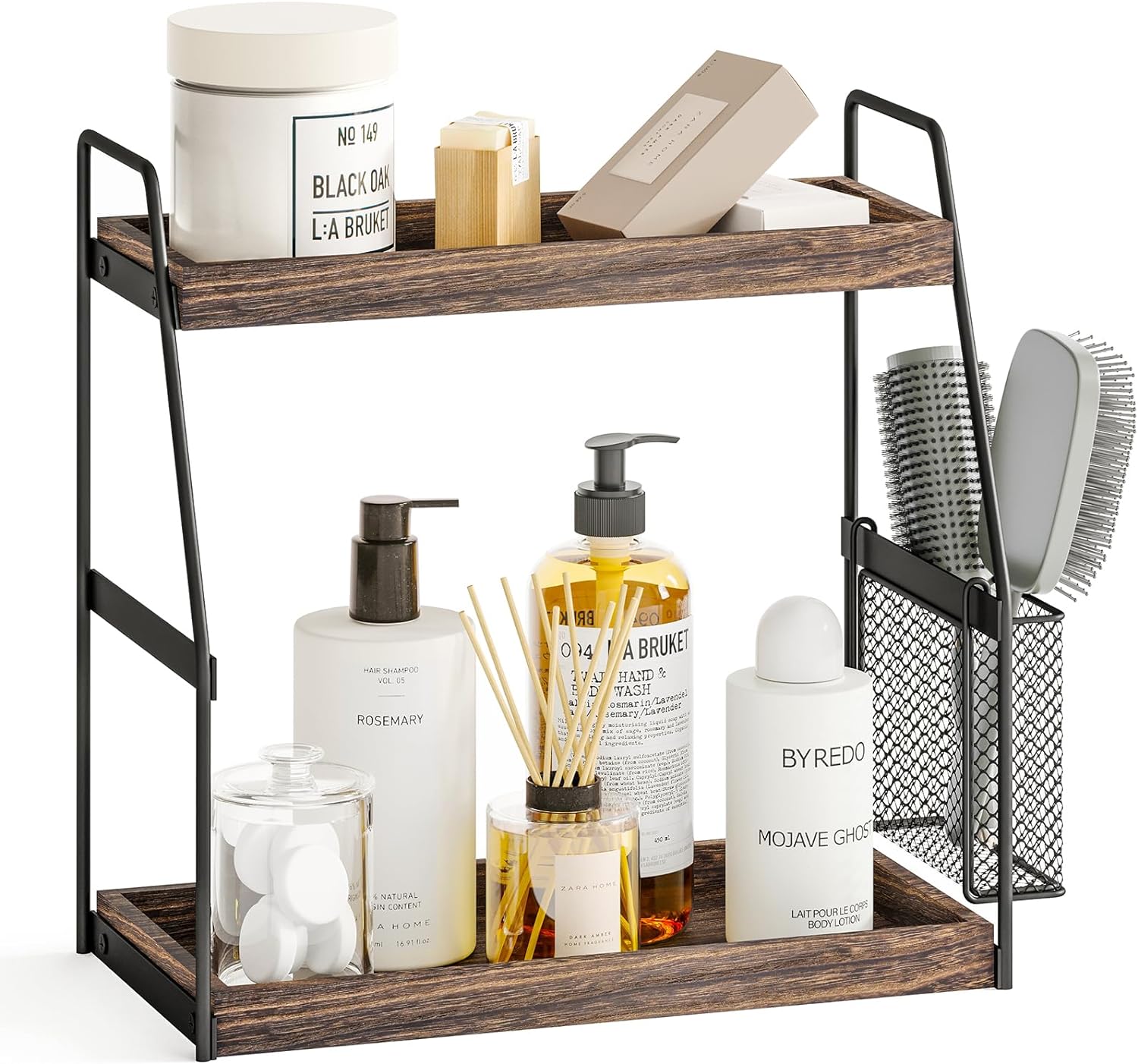 Fixwal Countertop Organizer for Bathroom, 2-Tier Wood Bathroom Counter Organizers with Basket Sink Shelf Cosmetic Storage Standing Vanity Tray Makeup Kitchen Spice Rack, Dark Brown