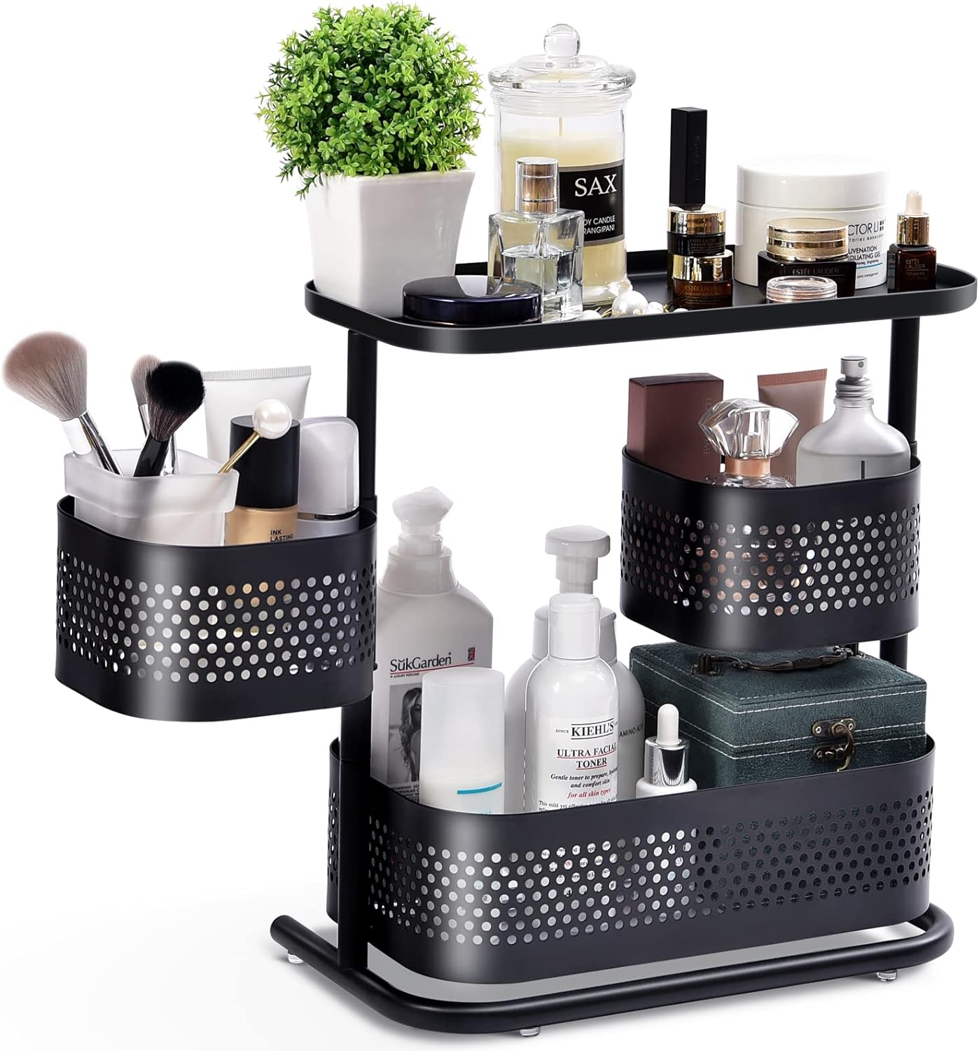 KINGRACK Bathroom Counter Organizer, 3 Tier Rotating Vanity Bedroom Storage cabinet, Cosmetic Holder Standing Shelf, Bathroom Tray for Countertop Storage, Kitchen Spice Rack,Black