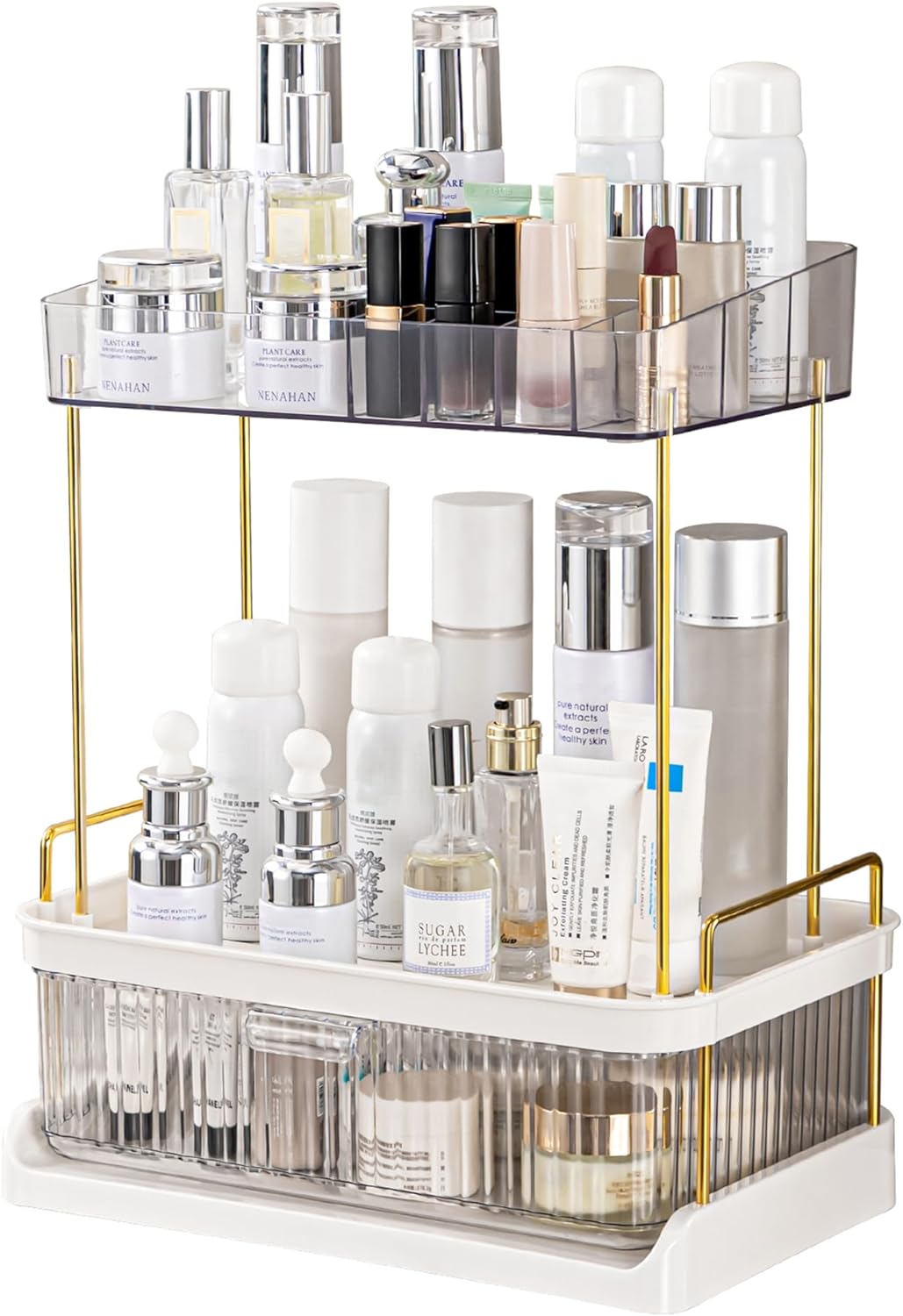 Vtopmart 2-Tier Skincare Storage Rack-Transparent, Bathroom Counter Organizer, Large Skin care Organizer with Drawers for Vanity,Makeup Countertop Organizer Perfume Tray for Cosmetics