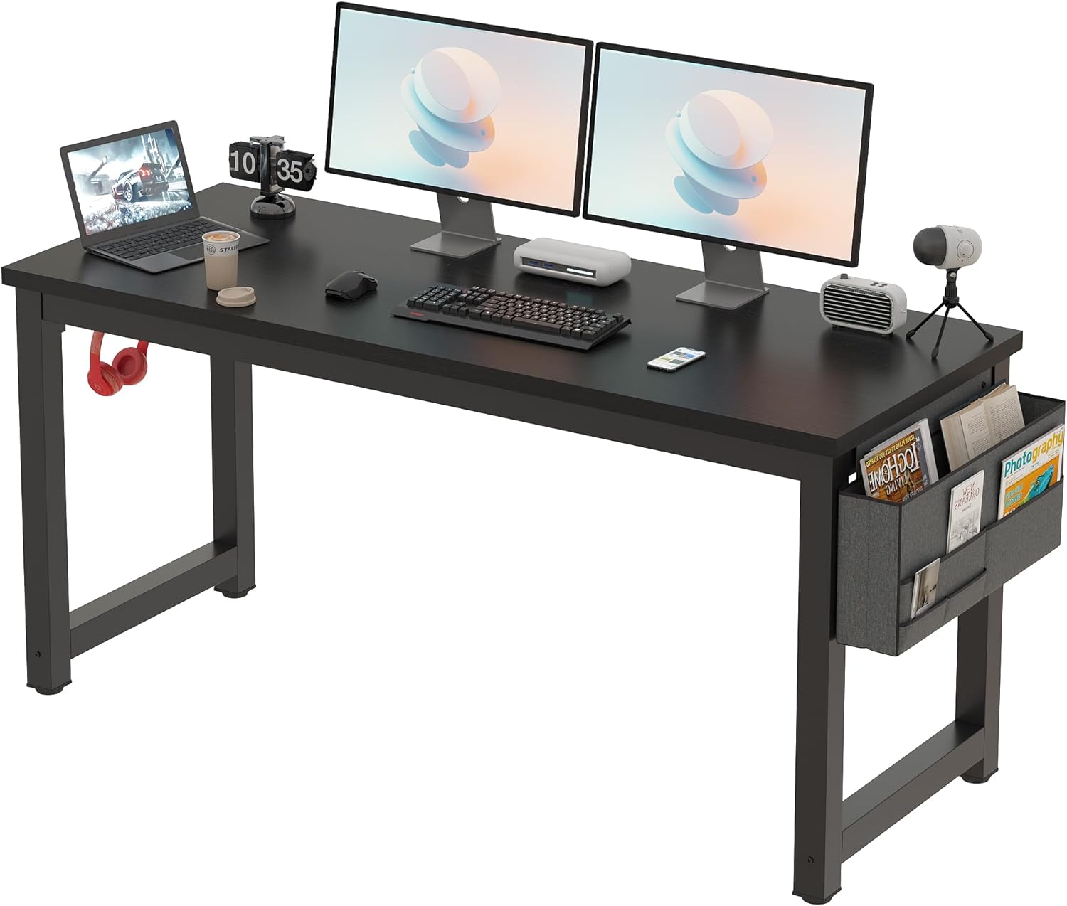 63 Inch Computer Desk - Home Office Desk - Writing Desks Work Table Study Table Modern Simple Style Student Desk Gaming Desk with Storage Bag and Iron Hook - Black