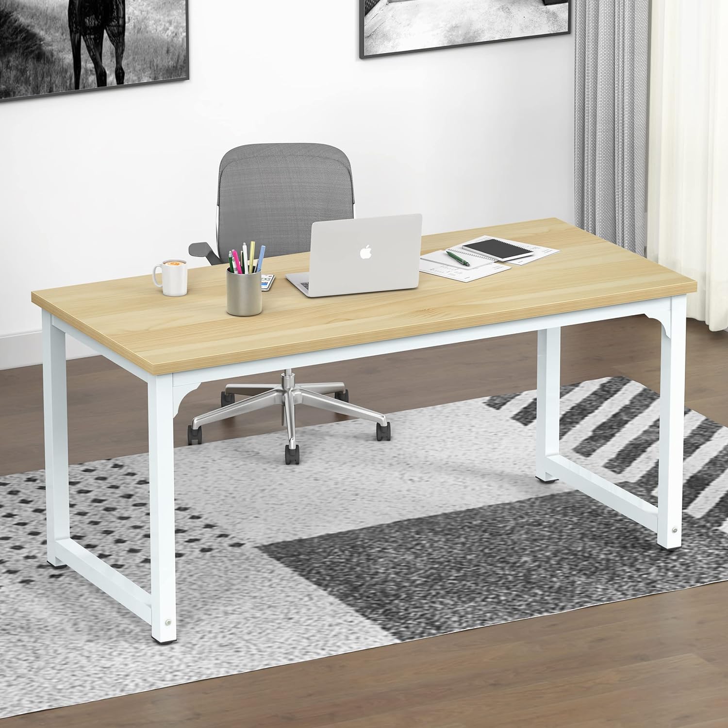 NSdirect 63 Computer Desk,Large Home Office Desk Wide Workstation 1 inch Thicker Tabletop for Writing,Games and Home Work PC Desk Modern Finish Wood Board and Sturdy Steel Legs,Oak+White