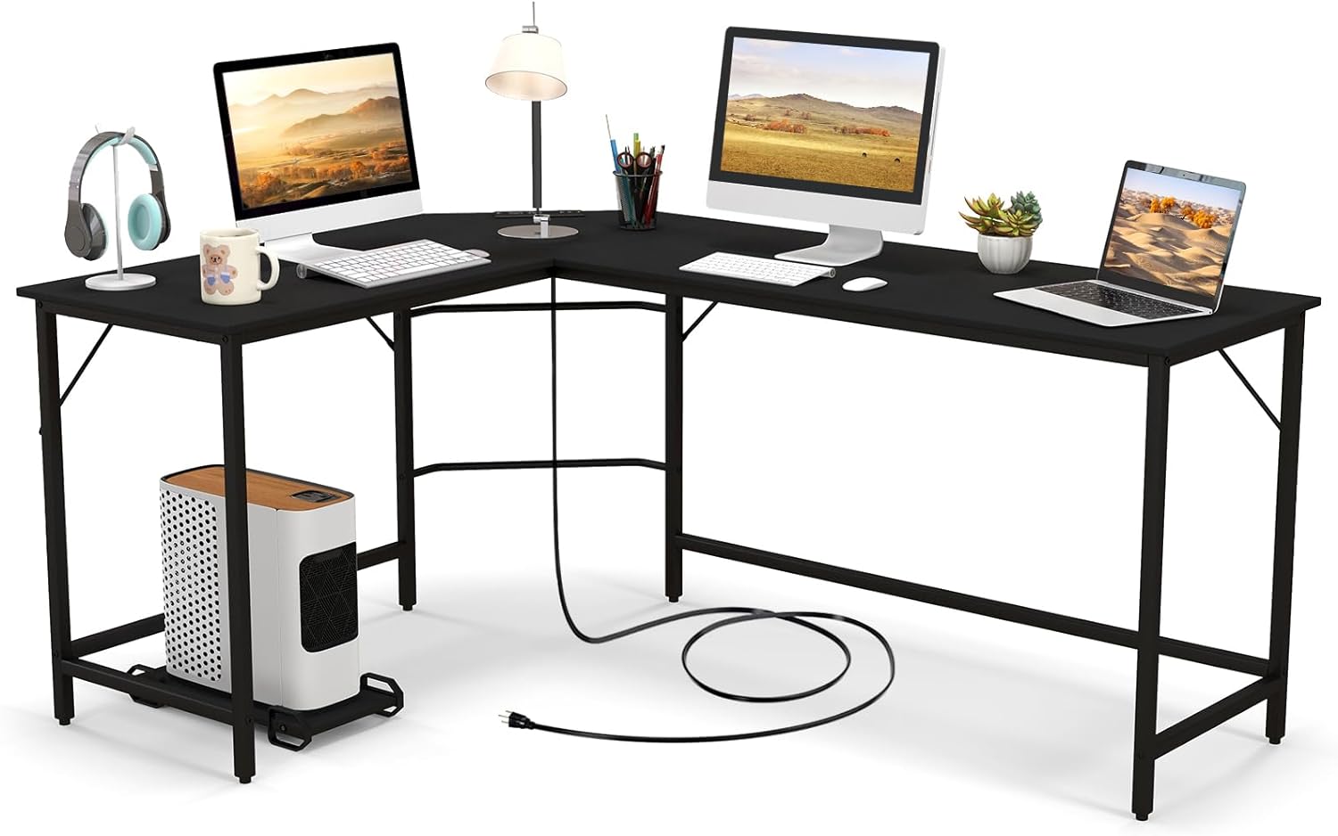 Giantex L-Shaped Desk with Power Outlet, 66 Computer Corner Desk with CPU Stand & Heavy-Duty Metal Frame, Large Gaming Desk Writing Study Desk, Space-Saving Home Office Workstation (Black)