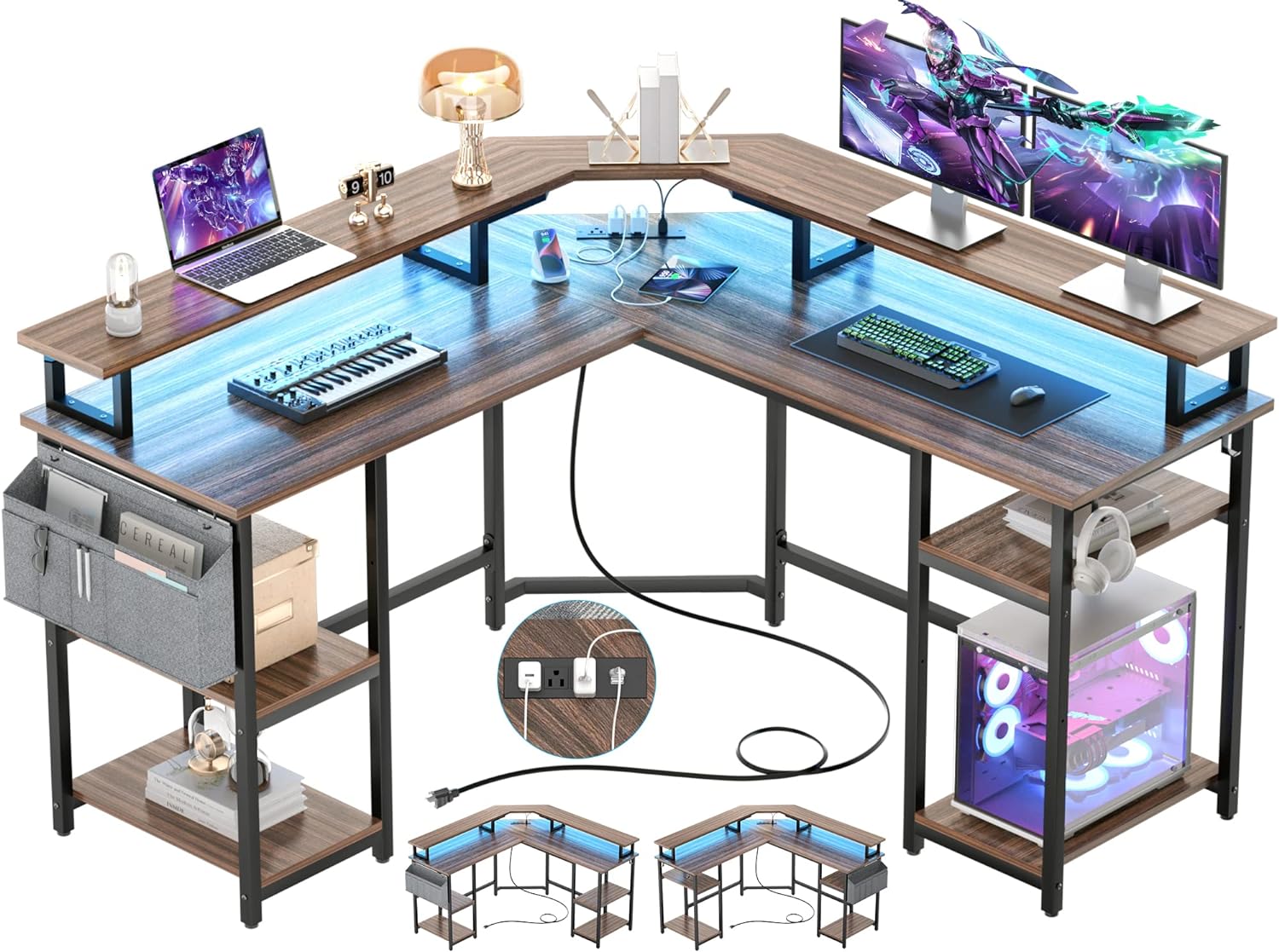 Aheaplus L Shaped Gaming Desk with Power Outlets & LED Lights, L- Shaped Desk Computer Corner Desk with Monitor Stand and Storage Shelf, Home Office Desk Writing Desk with Storage Bag, Espresso