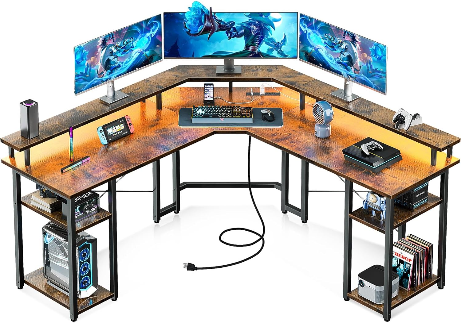 Coleshome L Shaped Gaming Desk with LED Lights & Power Outlets, Reversible 56 Computer Desk with Full Monitor Stand & Storage Shelves, Ergonomic Home Office Corner Desk, Vintage