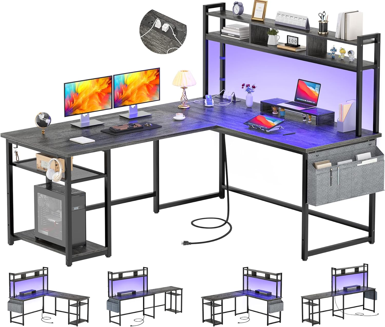 Aheaplus L Shaped Desk with Power Outlet & LED Strip, Reversible L-Shaped Corner Computer Desks Gaming Desk with Storage Shelf & Monitor Stand, Modern 2 Person Home Office Desk Writing Desk, Grey Oak