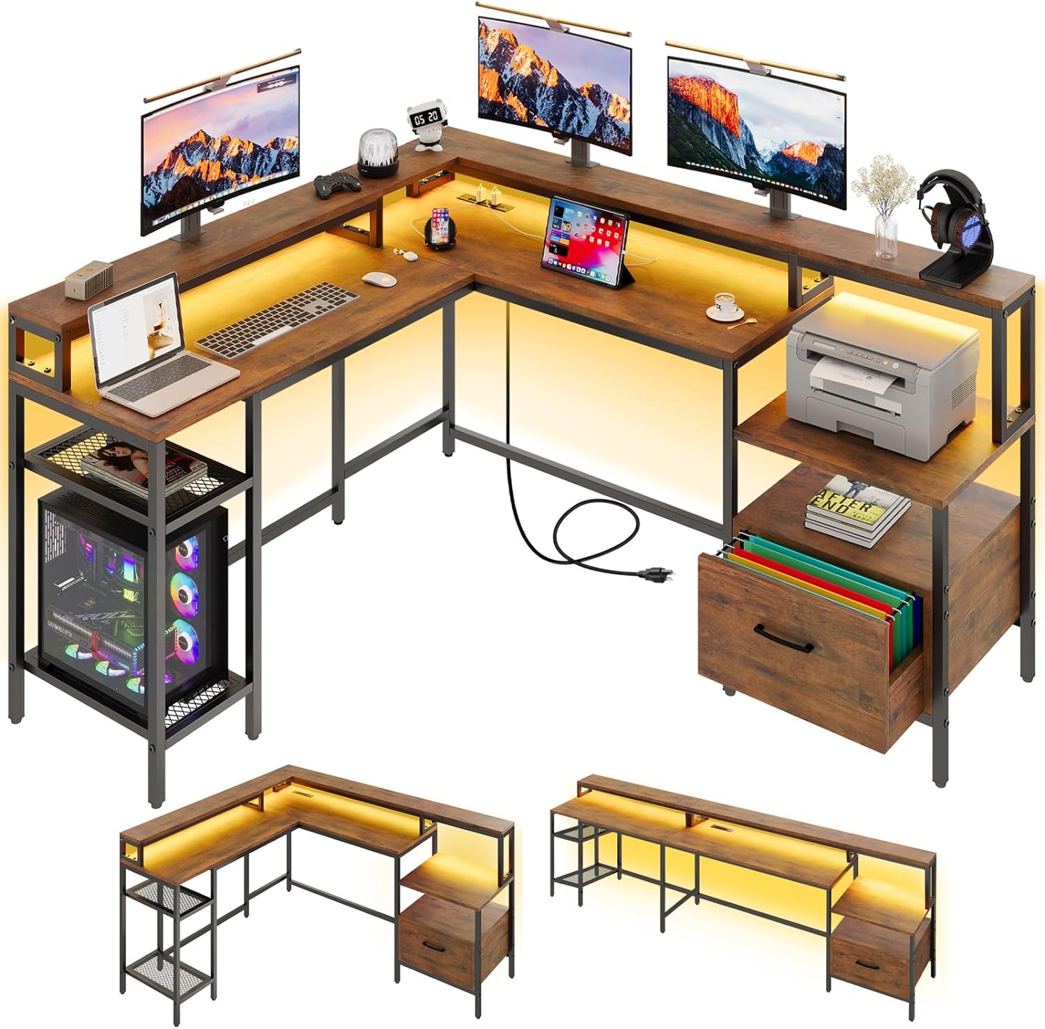 L Shape Gaming Desk, 66 Computer Desk with Drawers,L Shape Desk with Led Light and Power Outlet,Home Office Desk with Monitor and Print Stand,Corner Gaming Desk,2 Person Long Writing Desk