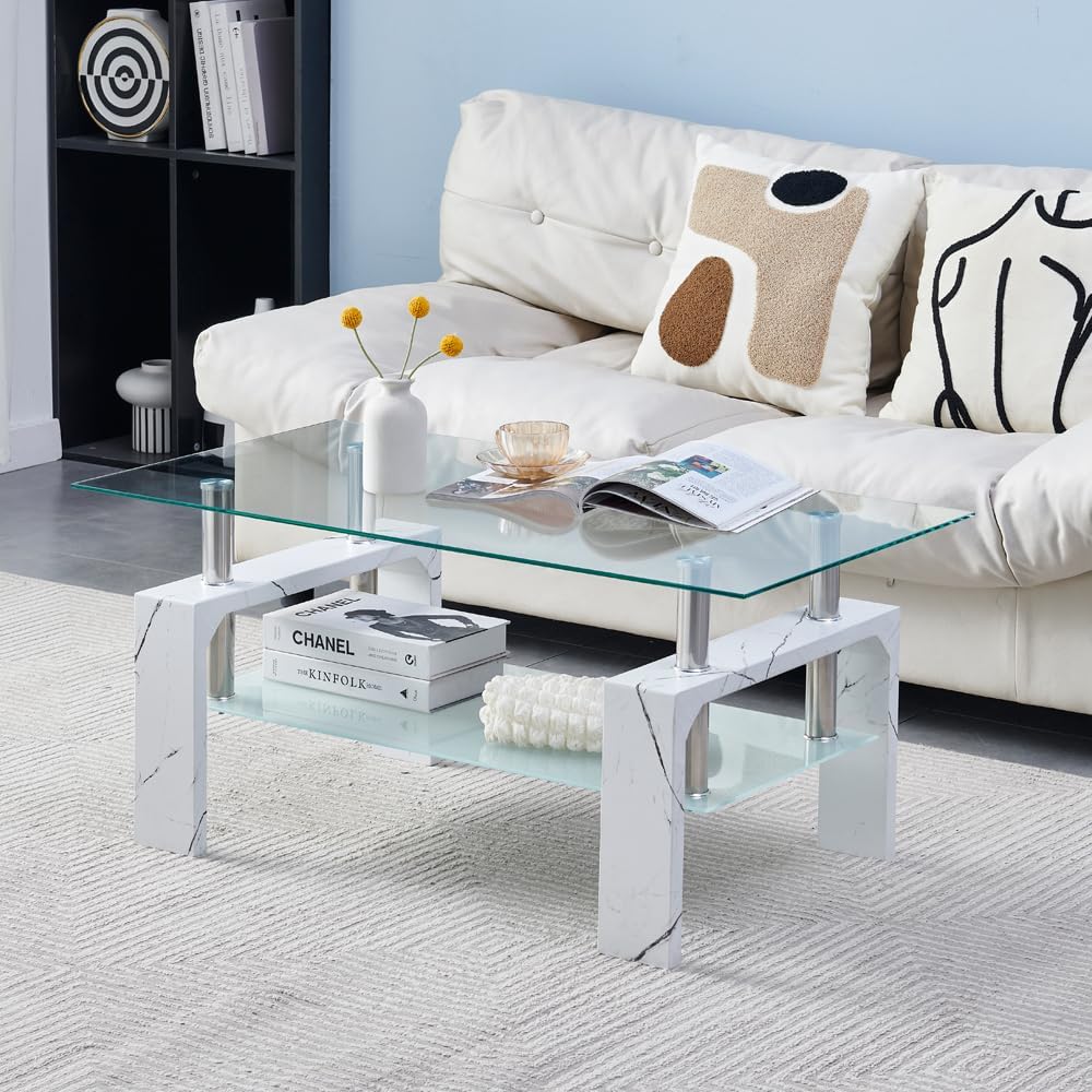 Living Room Rectangle Coffee Table, Tea Table Suitable for Waiting Room, Modern Side Coffee Table with Wooden Leg, Glass Tabletop with Lower Shelf, Marble