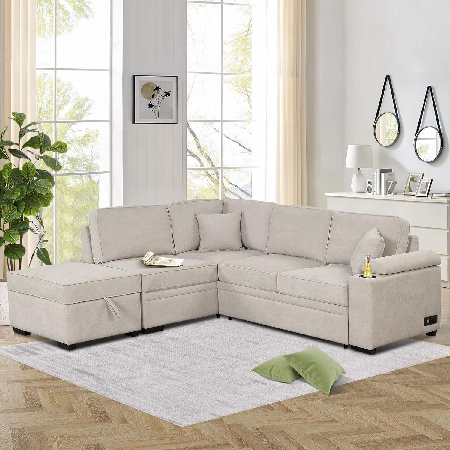 87.4 Sleeper, 2 in 1 Pull Out Linen Sofa Bed L Shape Storage Ottoman and Cup Holder & USB Charge for Living Room,Bedroom Couch and Small Apartment, Beige