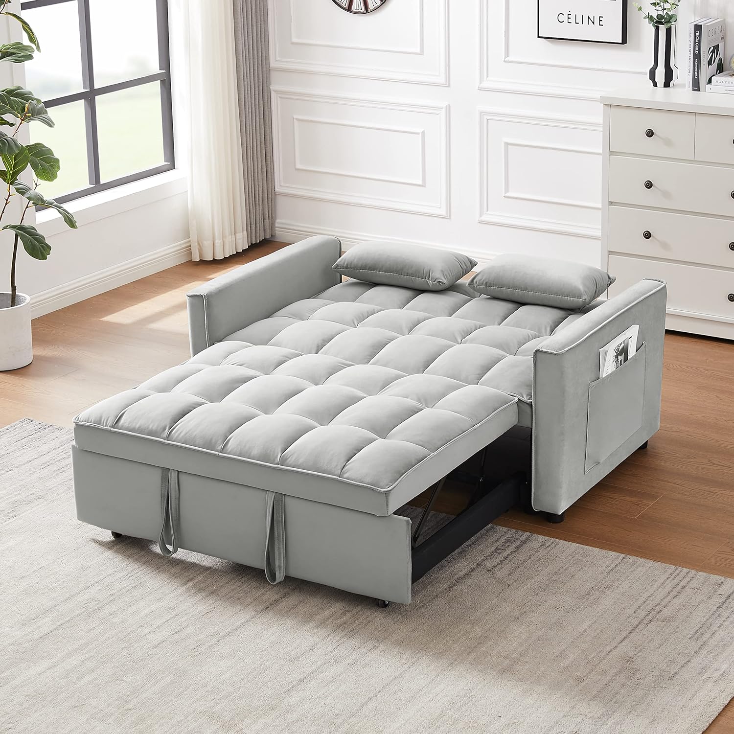 3-in-1 Convertible, Multi-Functional Sleeper Couch Pull-Out Bed, 55'' Velvet Loveseat Futon Sofa Reclining with Adjustable Backrest, Side Pockets, 2 Pillows for Living Room (Grey)