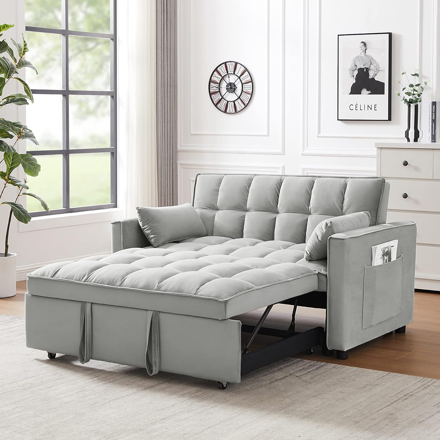 Multi-Functional Sleeper Pull, 3-in-1 Convertible Bed, 55'' Velvet Loveseat Futon Sofa Couch with Adjustable Backrest, Side Pockets and 2 Pillows for Living Room (Grey)