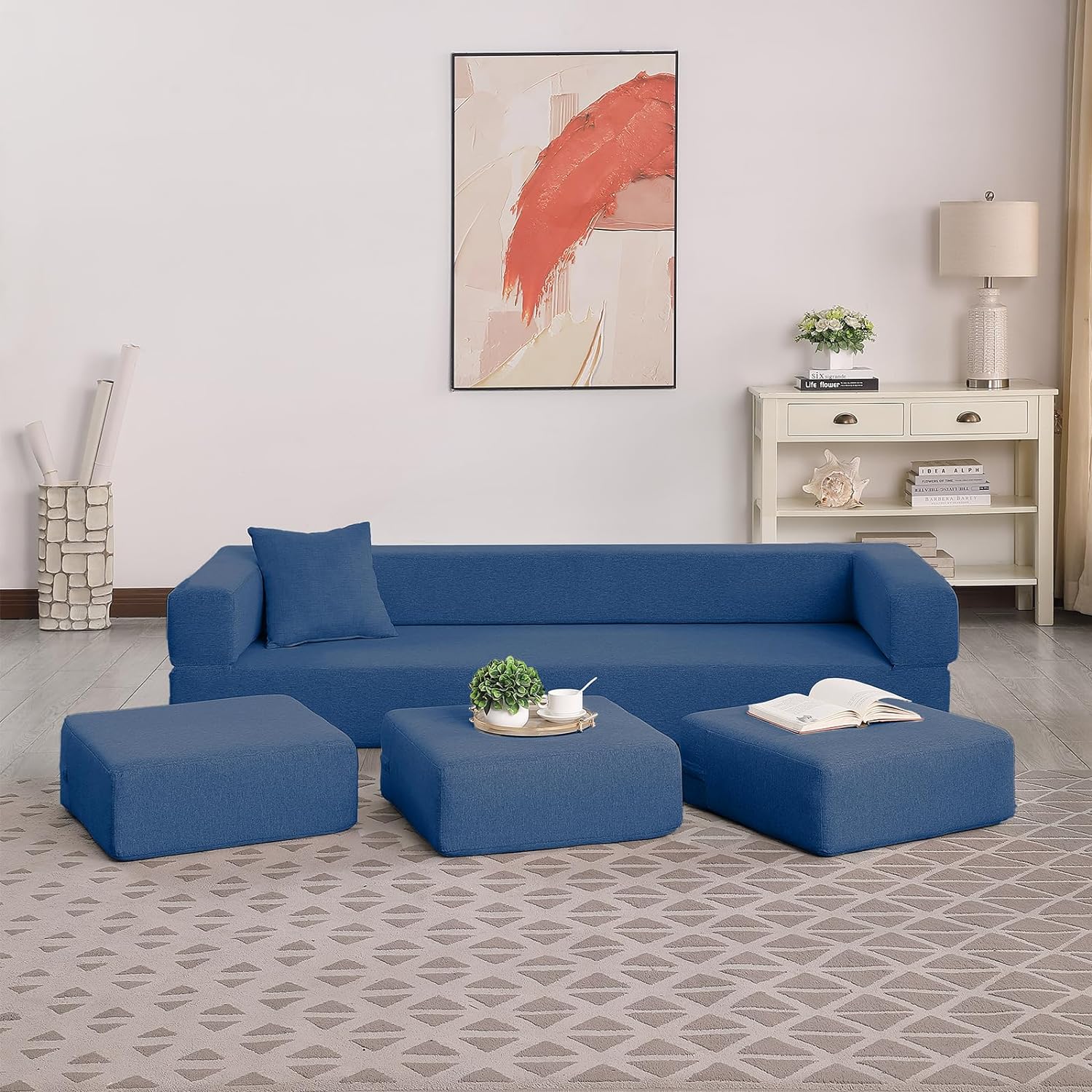 Folding Sofa Bed Floor Sofa Couch Foam Bed with 3 Ottoman, Linen Fabric Sofa, Multi-Function Cushioned Mattress Sleeper Simple Sofa Comfortable Couch for Living Room, Guest Bed, Futon (Blue)