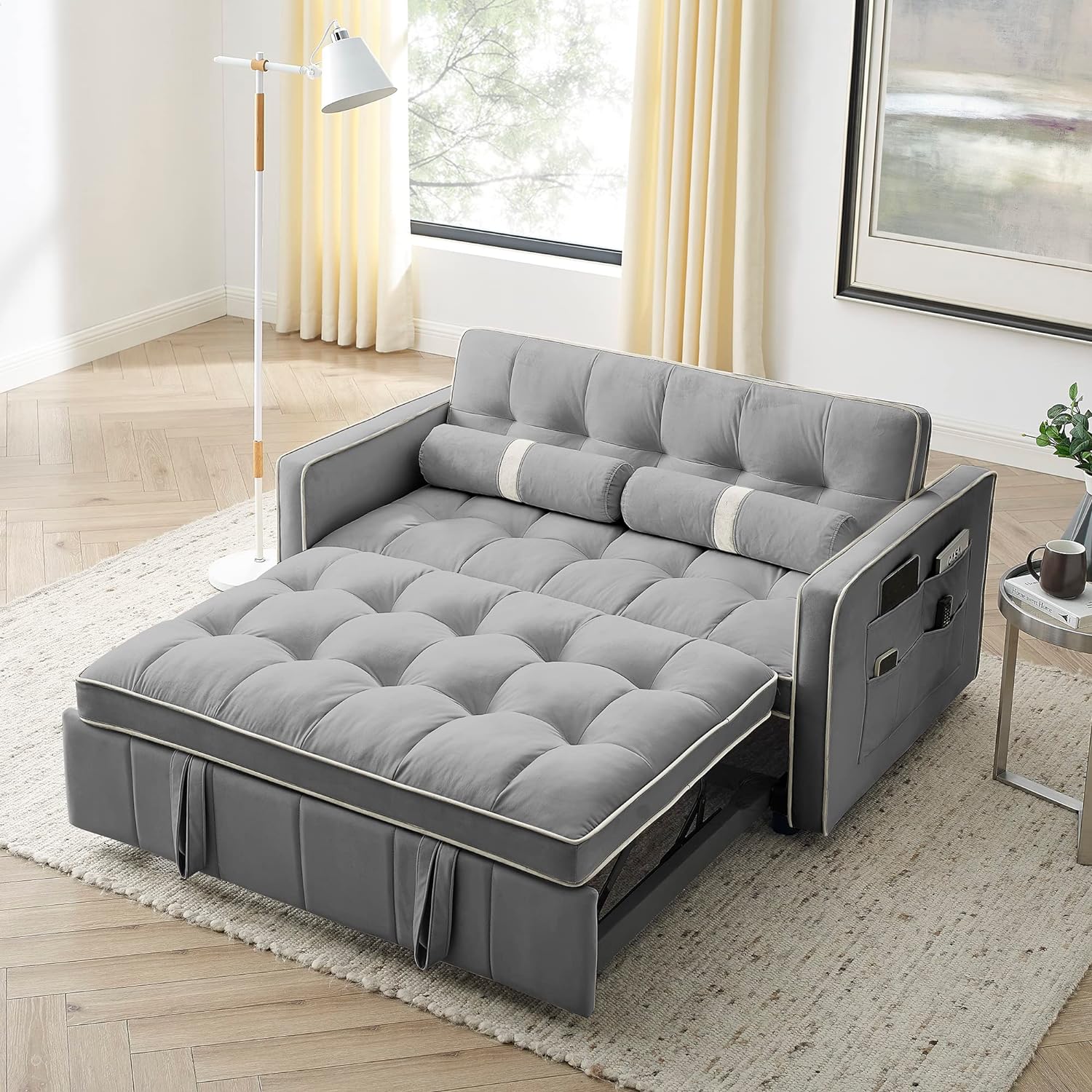 Modern 55.5 Pull Out Sleep Sofa Bed 2 Seater Loveseats Sofa Couch with Side Pockets, Adjsutable Backrest and Lumbar Pillows for Apartment Office Living Room Grey