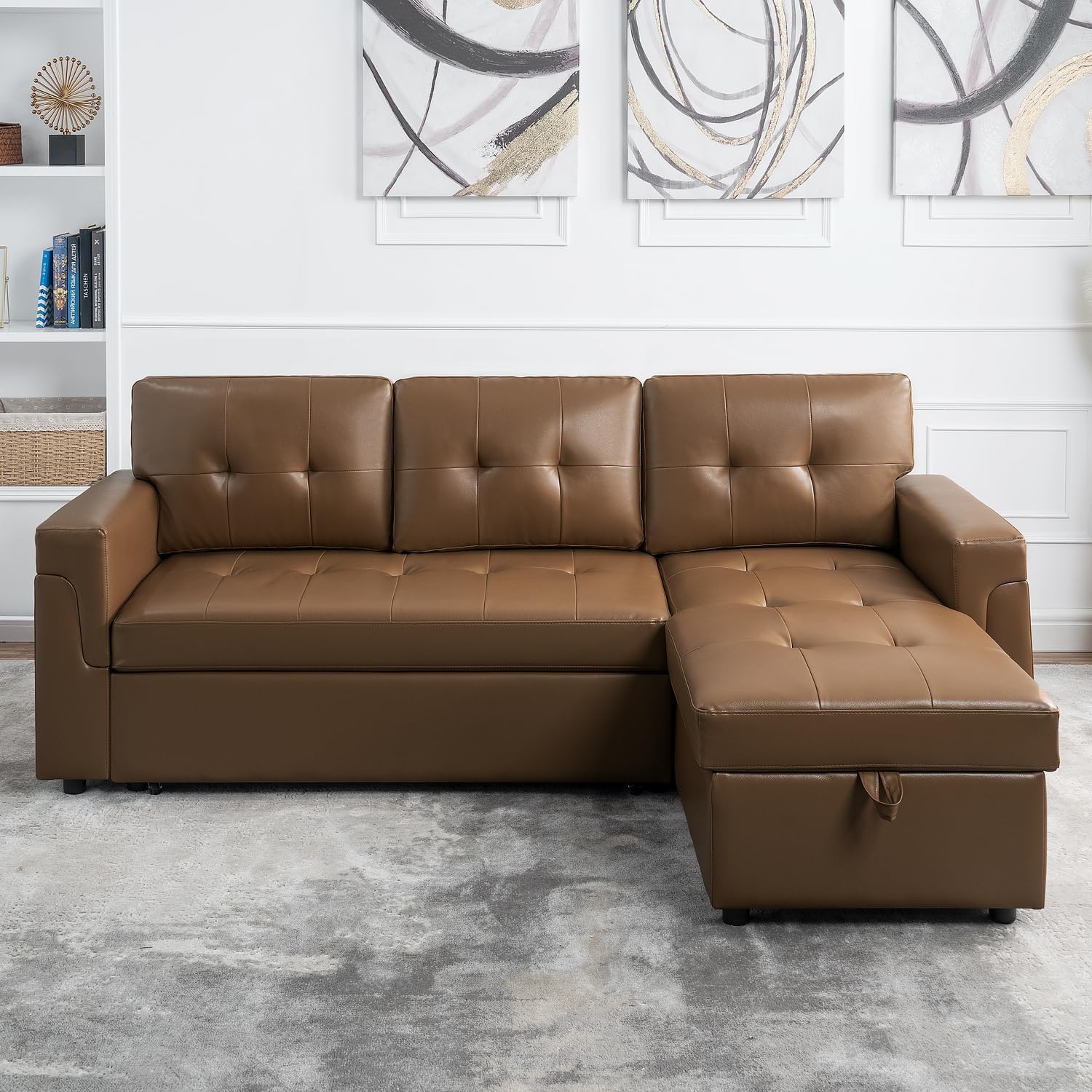 Naomi Home Jenny Tufted Sectional Sofa Sleeper with Storage Chaise, Pull-Out Couch with Storage, Sectional Sofa Bed, L-Shaped Reversible Sleeper Sofa with Storage, Mocha, Air Leather