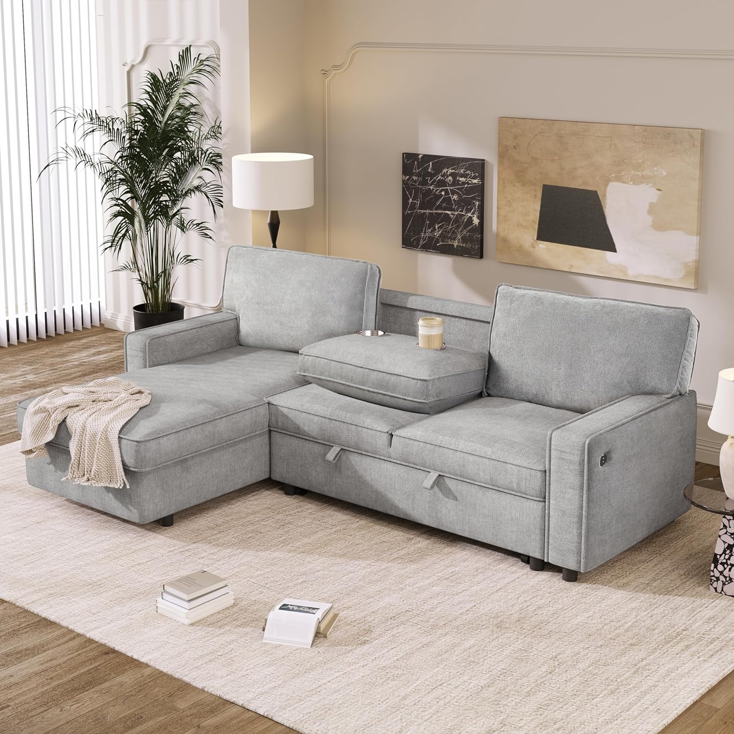 L-Shaped Sleeper Sectional Sofa Modern 3 in 1 Convertible Sofa Bed with Pull Out Sofabed and Drop-Down Cupholders, 3Seaters Corner Sofa&Couch W/Storage Chaise & USB Charging Port for Living Room