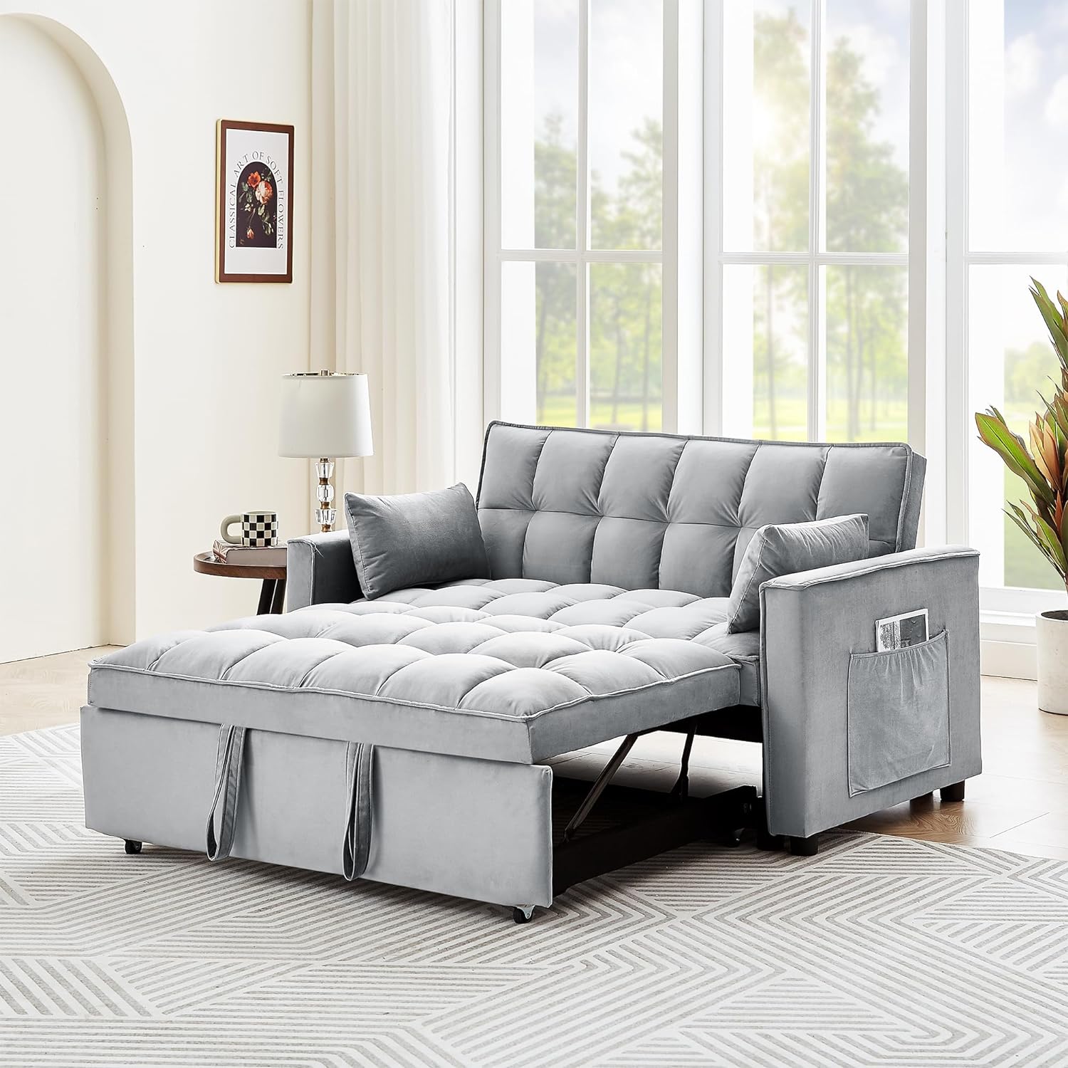 3 in 1 Convertible Sleeper Sofa Couch, 55 Modern Velvet Loveseat Pull Out Bed with Pillows & Side Pockets for Small Space, Living Room, Apartment, Gray, 55 Inch