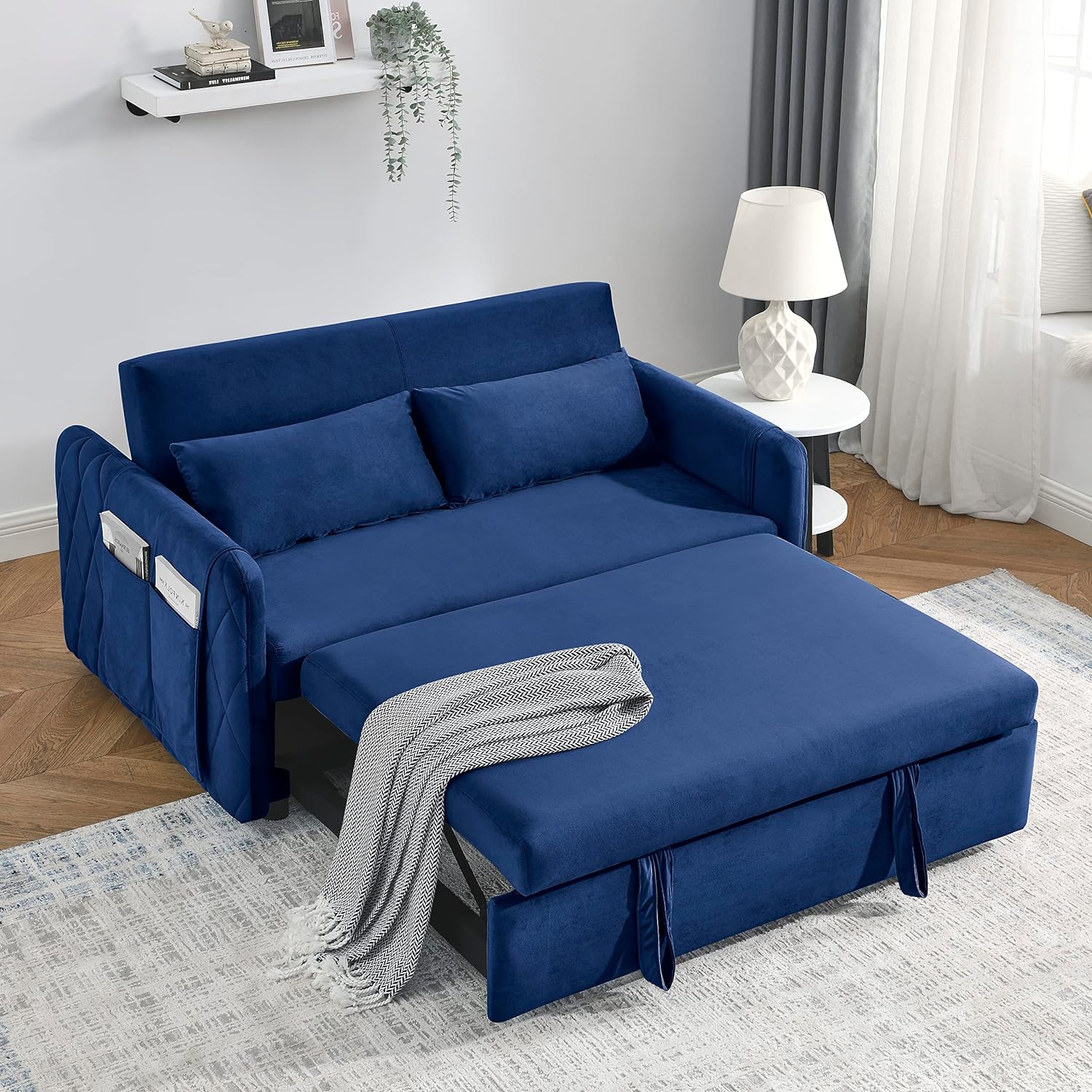 3 in 1 Sleeper Bed,Convertible Pull Out Loveseat with Reclining Backrest,Comfy 2 Seater Love Seat Lounge Sofa & Couches for Living Room Sofabed, Blue w/Detachable Arm Pockets