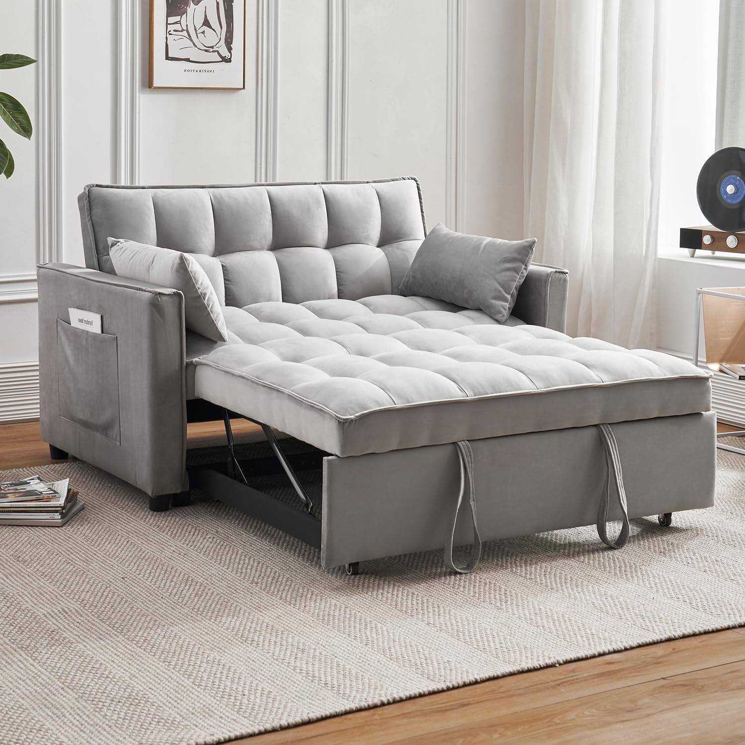 55.5'' 3-in-1 Convertible Sleeper Sofa Bed, Modern Velvet Loveseat Futon Couch Pullout Bed with Adjustable Backrest, Storage Pockets and Pillows for Living Room, Bedroom (Grey)