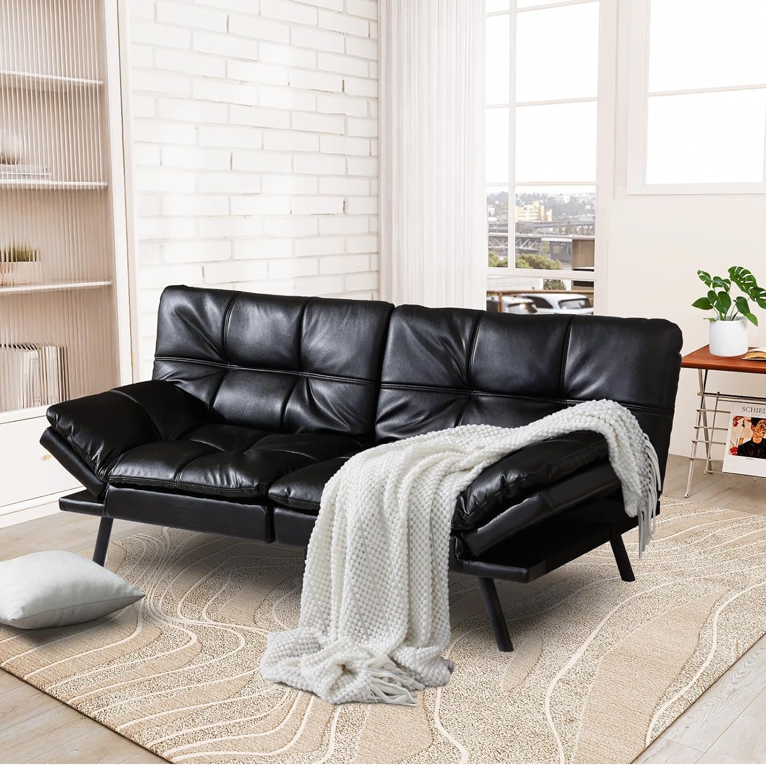 Convertible Futon Sofa Bed,Futon Couch Bed,Memory Foam Futon Sleeper Sofa,Loveseat Sofa Bed,Small Splitback Faux Leather Modern Sofa for Living Room,Office,Apartment,Black