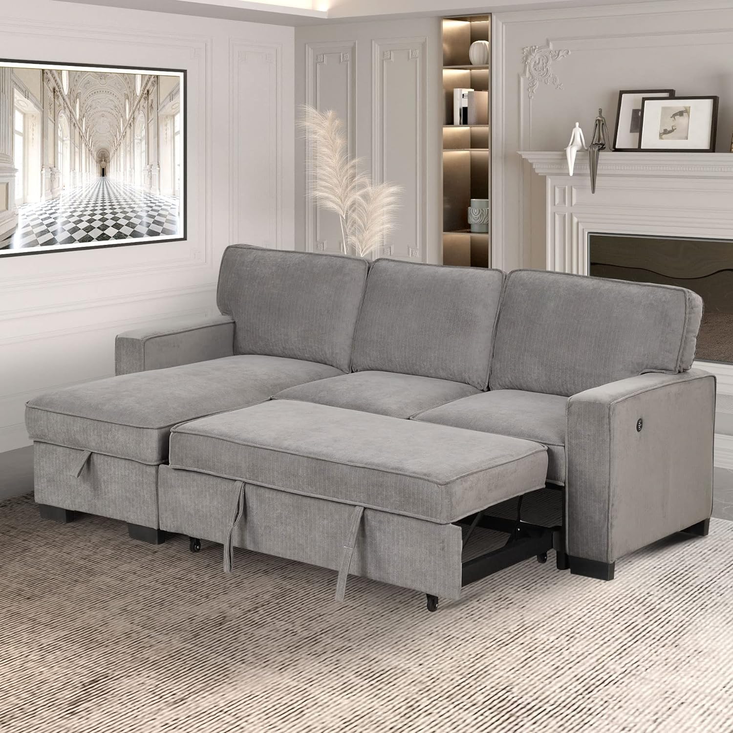 Convertible Sleeper Sofa 3 in 1, Chenille Modern L-Shaped Couches for Living Room, Pull Out Sectional Futon Sofa Bed with Storage Space, USB Ports and Cup Holders for Bedroom, Grey