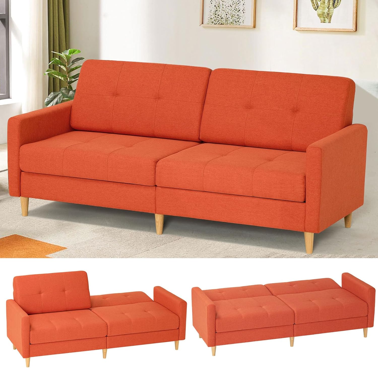 77 Linen Fabric Sofa Bed with Adjustable Backrests, Convertible Loveseat Sofa, Modern Sleeper Couch with Wooden Legs for Living Room, Bedroom, Orange