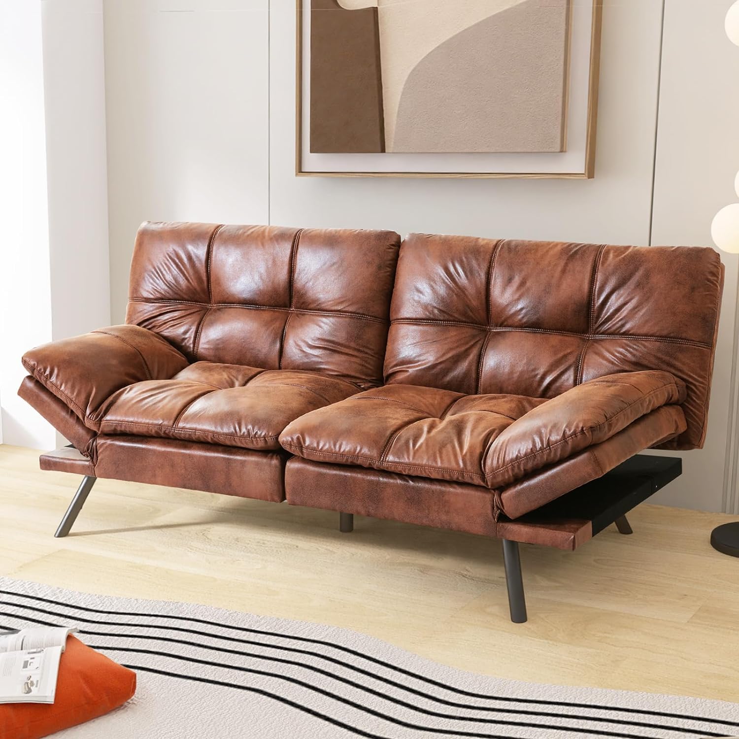 Faux Leather Futon Sofa Couch Bed,Convertible Futon Sleeper Sofa,Memory Foam Futon Couch Bed,Loveseat Sofa Bed,Small Splitback Modern Sofa for Living Room,Office,Apartment,Dark Brown