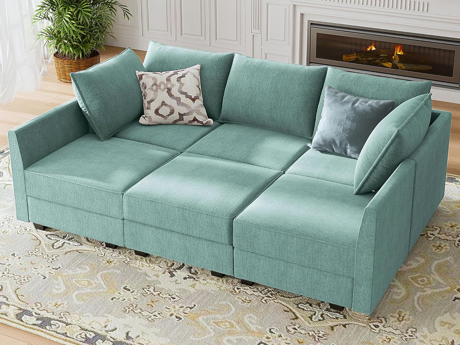 HONBAY Modular Sectional Sleeper Sofa Bed U Shaped Modular Sofa with Storage Seats Sleeper Sectional Sofa Modular Couch, Aqua Blue