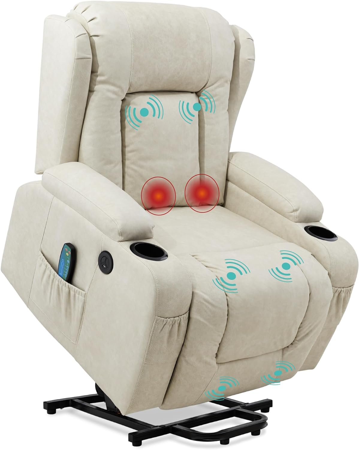 Best Choice Products PU Leather Electric Power Lift Chair, Recliner Massage Chair, Adjustable Furniture for Back, Legs w/ 3 Positions, USB Port, Heat, Cupholders, Easy-to-Reach Side Button - Beige