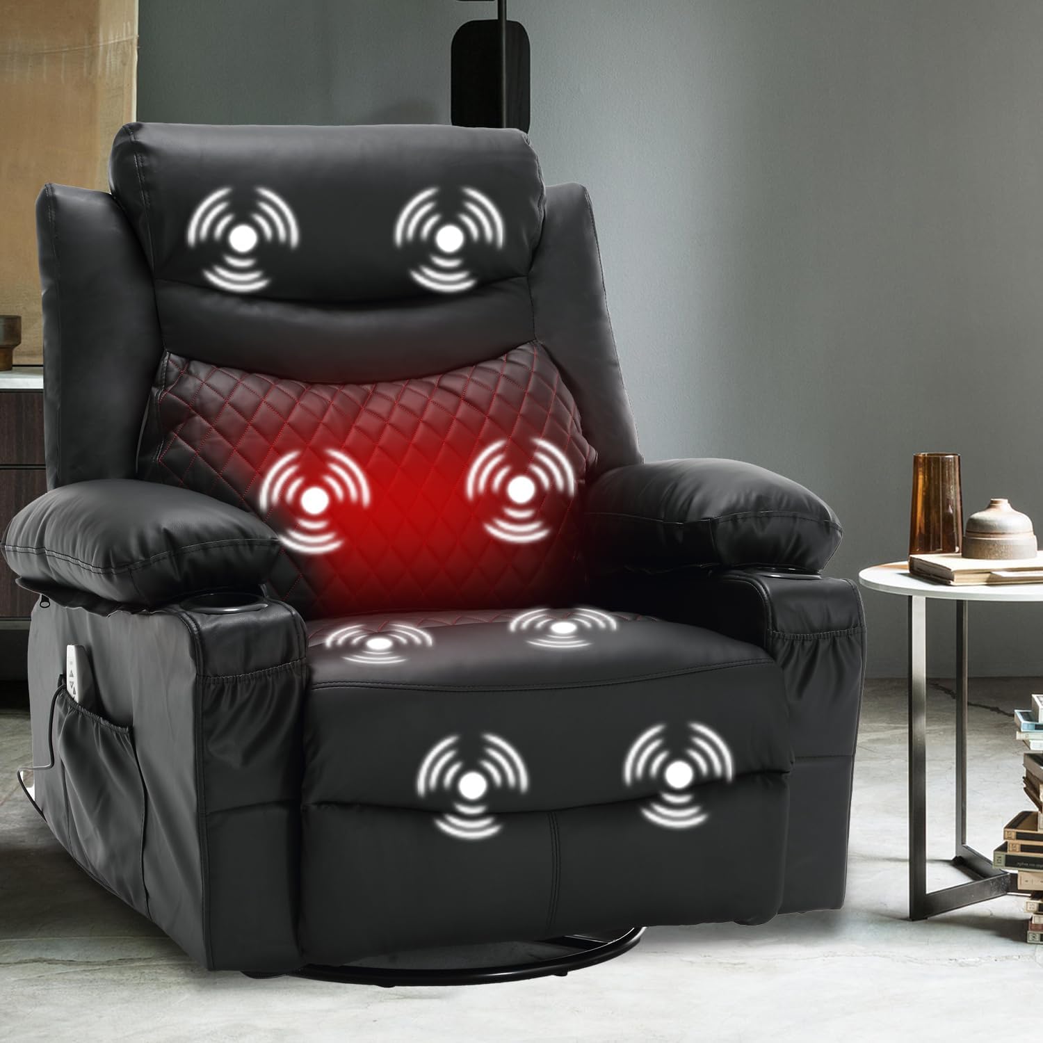 Oversized Electric Massage Recliner Chairs with Heat 270 Swivel Rocker Recliners with Cup Holders, Overstuffed PU Leather Rocking Recliner Glider Chairs for Nursery (Black)