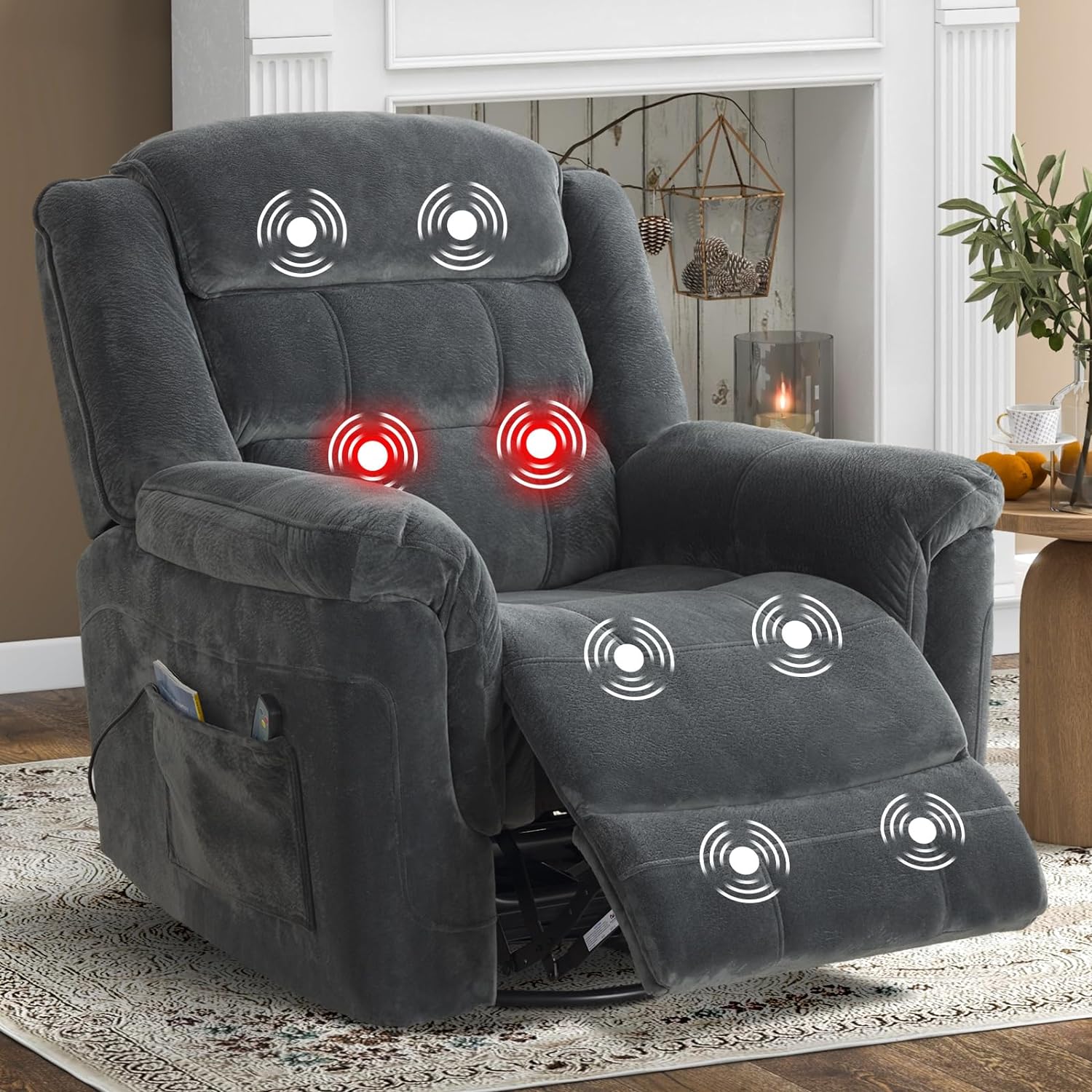 Oversized Swivel Rocker Chair with Massage and Heat Recliner, Grey