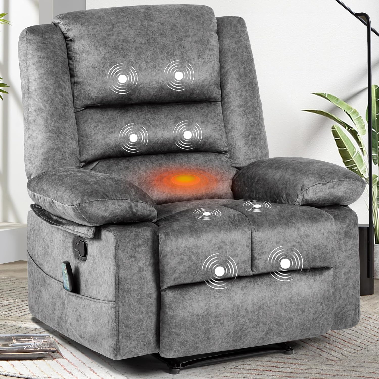 Manual Recliner Chair with Massage and Heat, Soft Reclining Single Sofa with Side Pockets, Extra Wide Fabric Living Room Reclining Sofa Chair, Grey