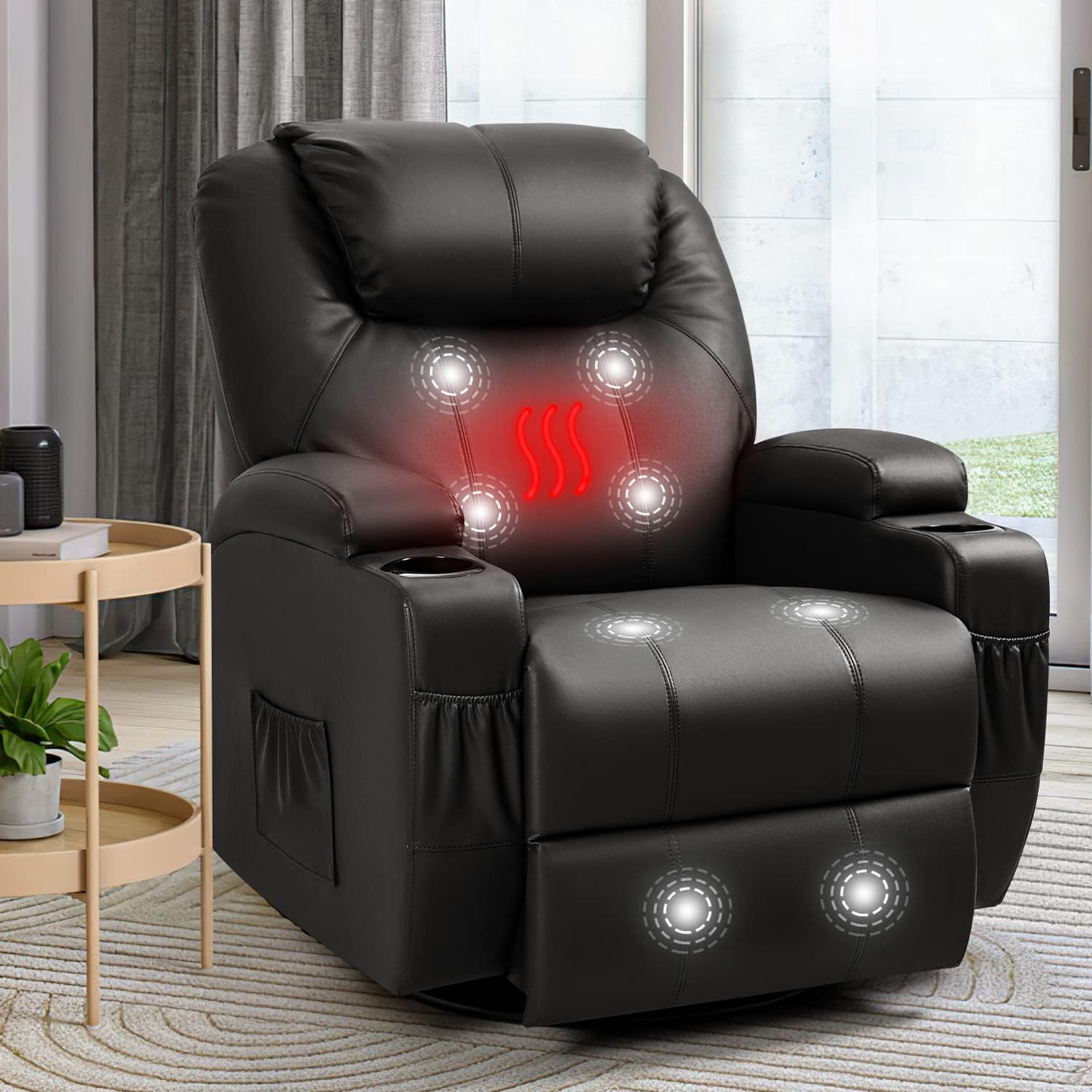 Furniwell Rocker Recliner Chair with Massage and Heat for Elderly, Leather Adjustable 360Swivel Rocking Sofa for Living Room with Remote Control, Cup Holders (Black)