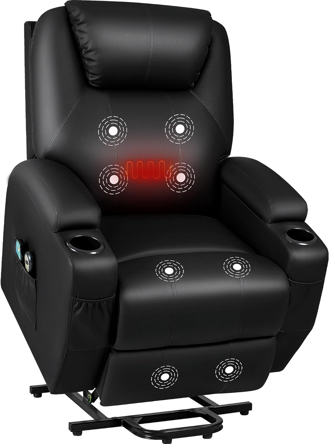 JUMMICO Power Lift Recliner Chair with Heat and Massage for Elderly PU Leather Modern Reclining Sofa Chair with Cup Holders, Remote Control, Adjustable Furniture (Glossy Black)